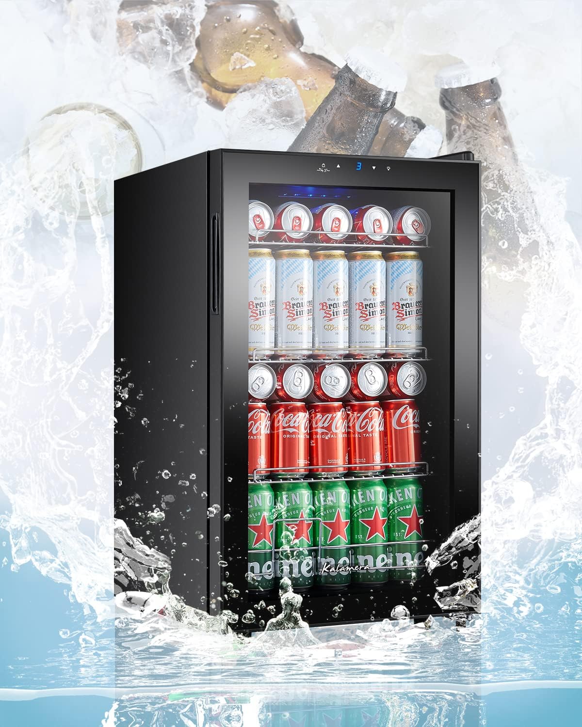 Kalamera Getränkekühlschrank, Bierkühlschrank mit Touch-Bedienfeld, 3-18°C Kühlzone, Flaschenkühlschrank 86 Liter, Blaue LED-Innenbeleuchtung, 41 dB, KRC-86GE