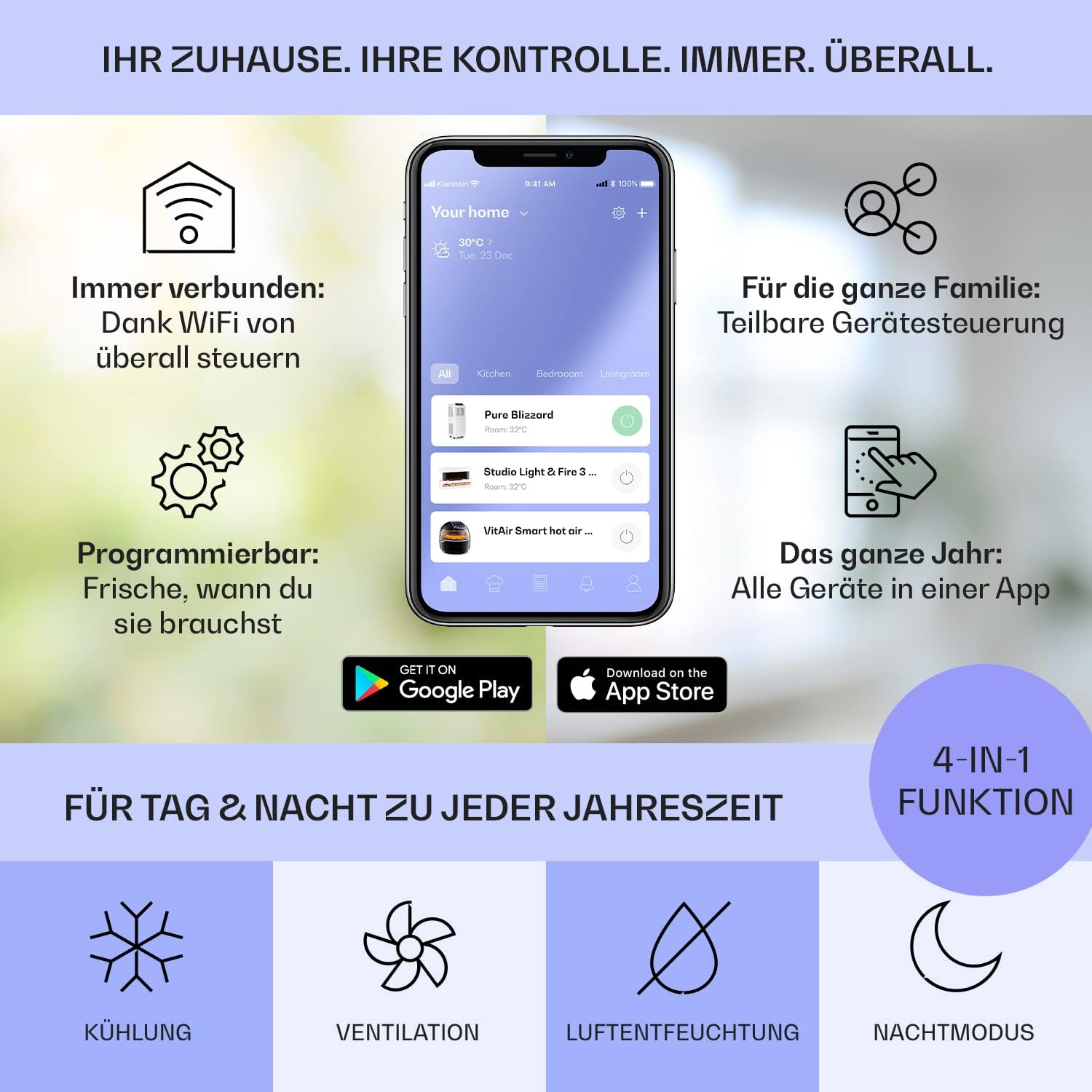 Klarstein Klimaanlage, 4-in-1 Klimagerät, Entfeuchter, Ventilator & Nachtmodus, Mobile Klimaanlage mit Abluftschlauch, App-Steuerung, Air Conditioner für Räume bis 44 m², 9000 BTU, Weiß