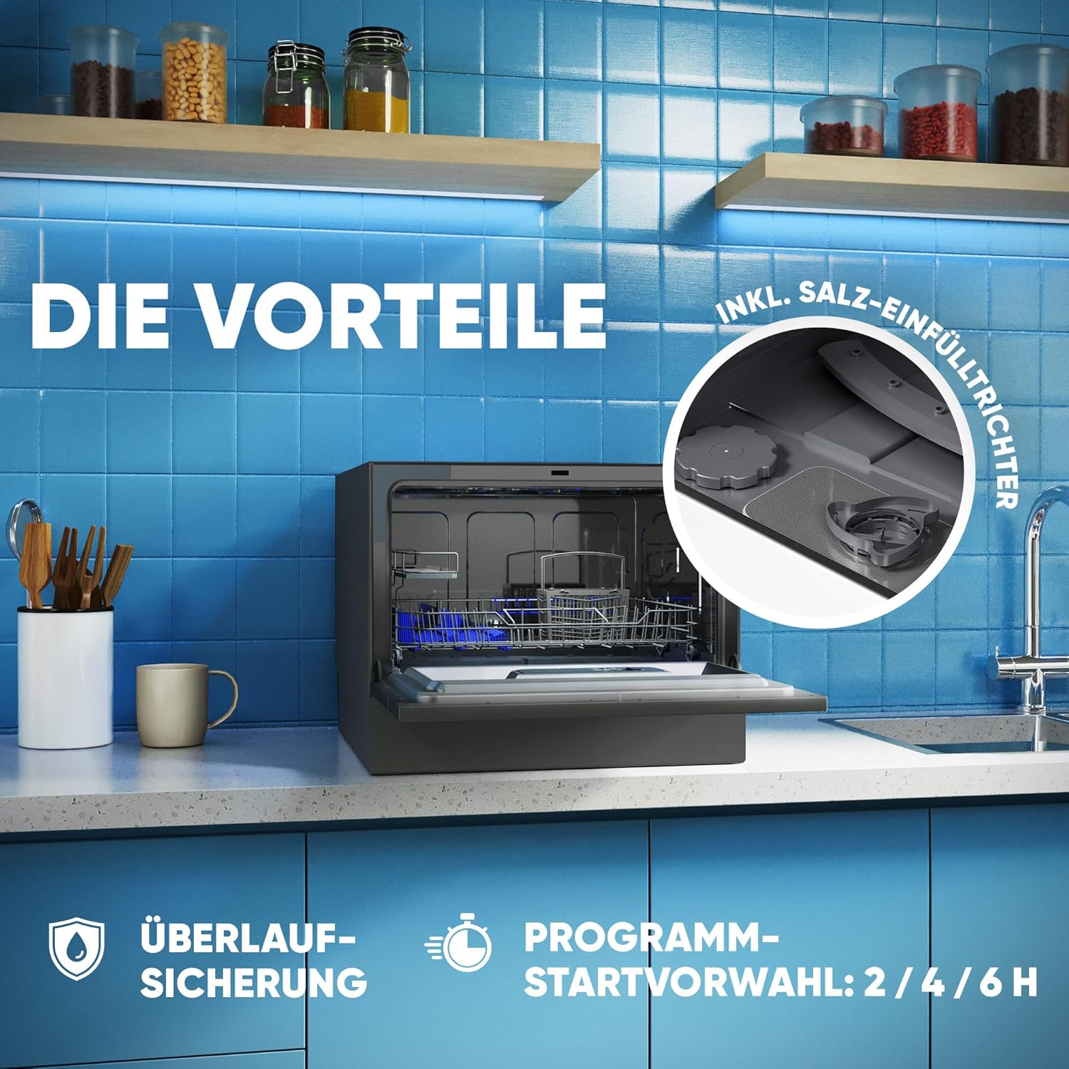 Bomann Mini Geschirrspüler mit Wasseranschluss | inkl. Schlauch | Tisch Geschirrspüler leise | Mini Spülmaschine für kleine Küchen/Camping | Spülmaschine klein m. Überlaufsicherung | TSG 7405 schwarz