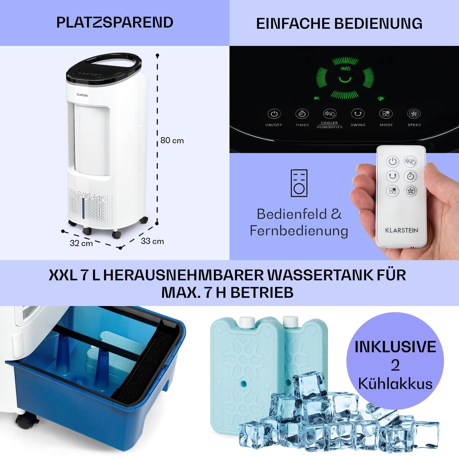 Klarstein Luftkühler mit Wasserkühlung, Leiser 4-in-1 Verdunstungskühler, Luftbefeuchter, Ventilator & Nachtmodus, Mobile Klimageräte Luftkühler 7L, 65W Air Cooler, 330m³/h Kühlender Luftstrom