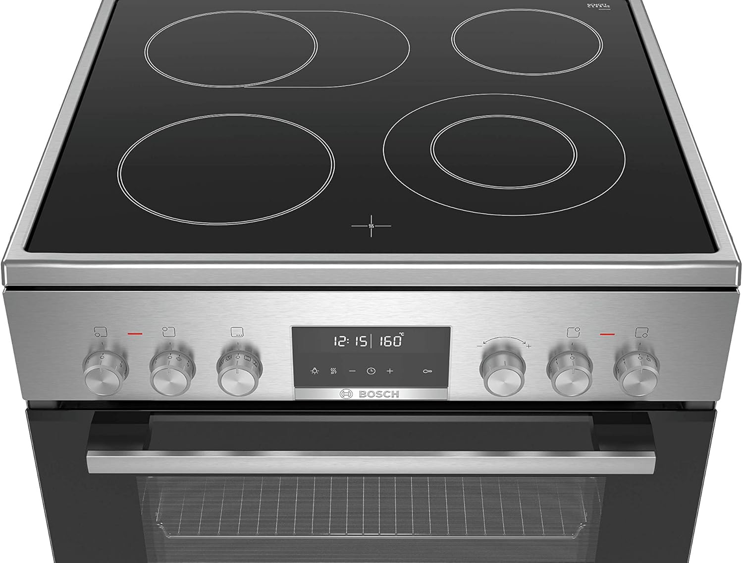 Bosch HKR39C250 Serie 4 Elektro-Standherd, 60 cm breit, EcoClean Direct Reinigungshilfe, 3D Heißluft Backen auf 3 Ebenen, LED-Display-Steuerung, erweiterbare Kochzone für großes Kochgeschirr