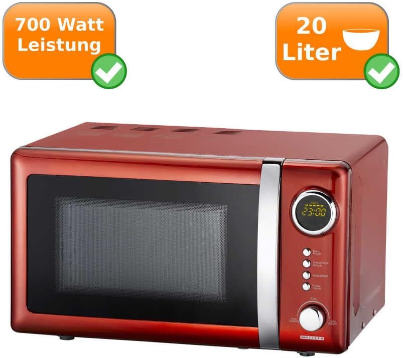 Melissa 16330109 Classico Mikrowelle Mikrowellenofen Retro-Design Metall-Gehäuse, 20 Liter Garraum, 700 Watt Mikrowellenleistung, Timer, 5 Leistungsstufen, Rot Metallic