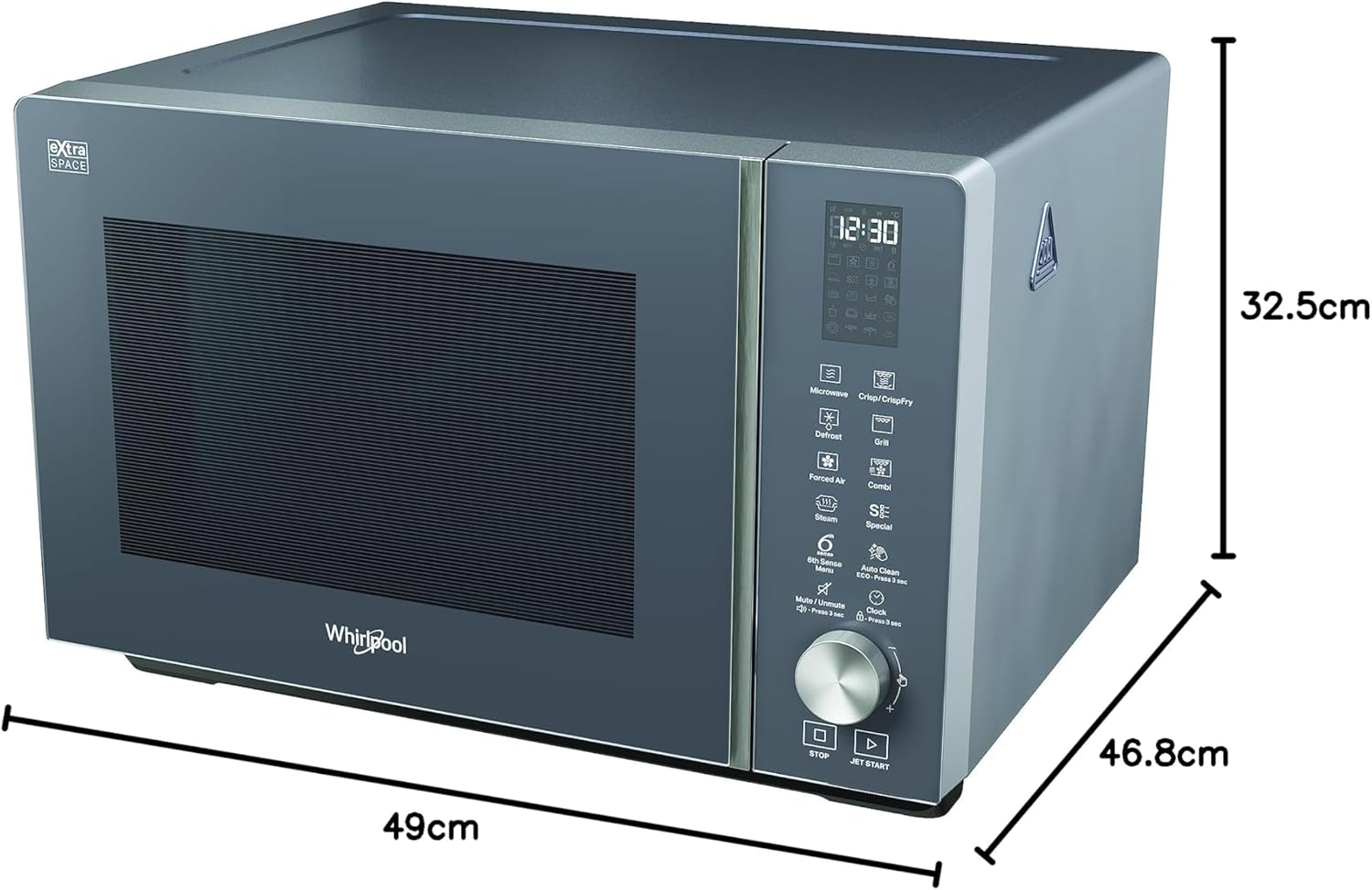Whirlpool MWF 259 SG – Freistehende Mikrowelle – Abmessungen 46,8 cm x 49 cm x 32,5 cm. Mikrowelle 25 Liter mit Leistung 800 W Mikrowelle und 1300 W Grill, Grau Schatten, Mikrowelle ohne Teller.