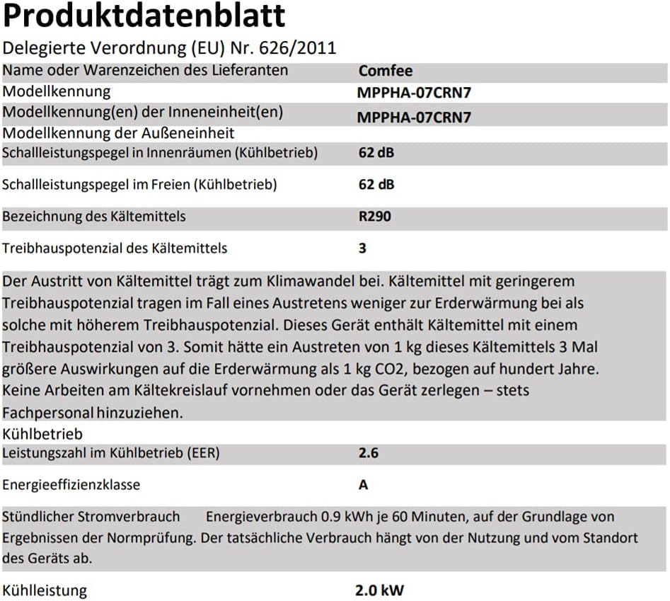 Comfee Mobiles Klimagerät MPPH-09CRN7, 9000 BTU 2,6kW, Kühlen&Ventilieren&Entfeuchten, Raumgröße bis 88m³(33㎡), Mobile Klimaanlage mit Abluftschlauch