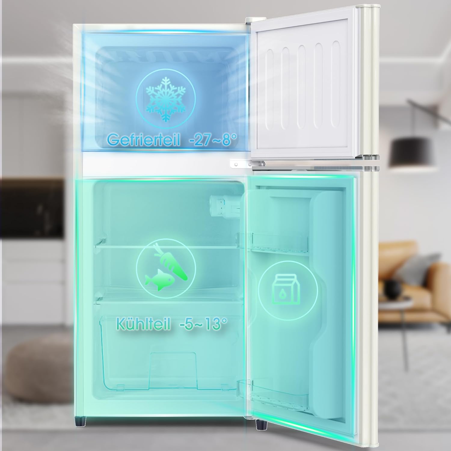 Merax Kühlschrank mit Gefrierfach, Kühl-Gefrierkombination, klein Kühlschrank mit 51L und Gefrierschrank 21L, Leise, LED, Glasablagen, Gemüsefach, Türablagen, für Küche, Wohnzimmer, Büro, Schwarz