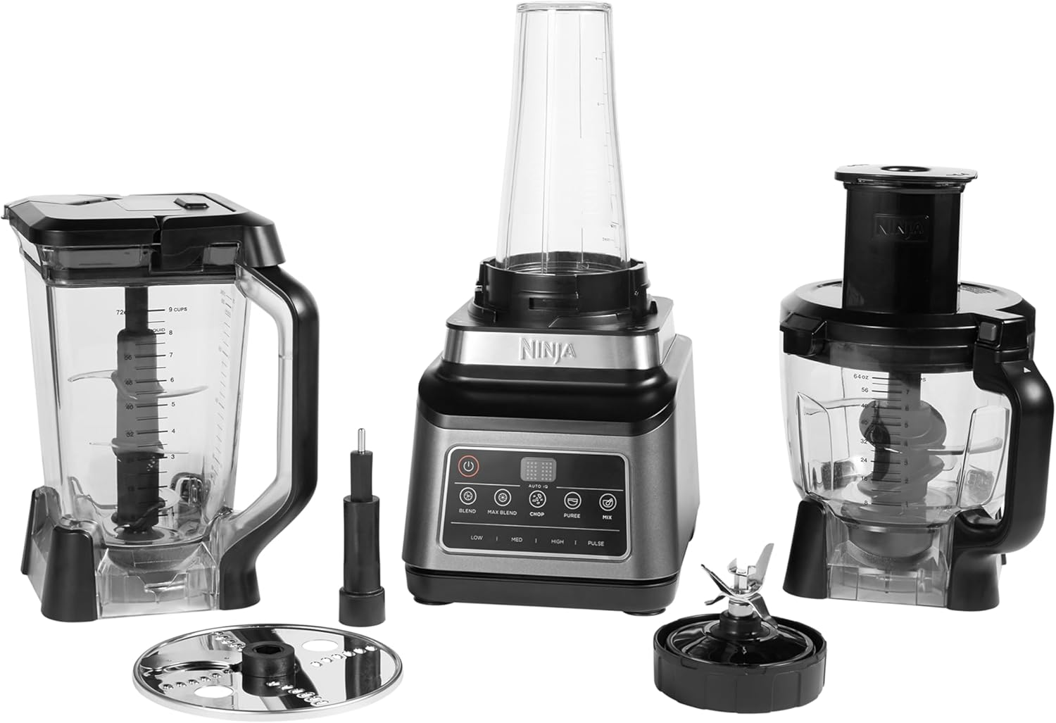 Ninja 3-in-1 Küchenmaschine & Mixer mit 5 Programmen: Mixen, Max Mixen, Hacken, Mischen, Pürieren, 1,8L Schüssel, 2,1L Krug, 700ml Becher, 1200W, spülmaschinenfest, Auto-iQ, Schwarz BN800EU