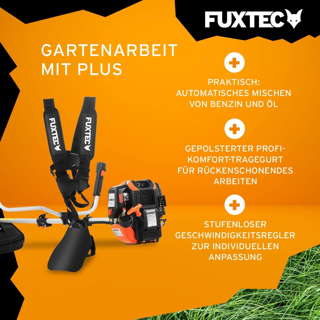 FUXTEC Benzin Motorsense FX-4MS142, Rasentrimmer mit 4-Taktmotor, 320 mm Schnittkreis, Geschwindigkeitsregler und Easy-Starter, inkl. Fadenspule/Profi-Tragegurt