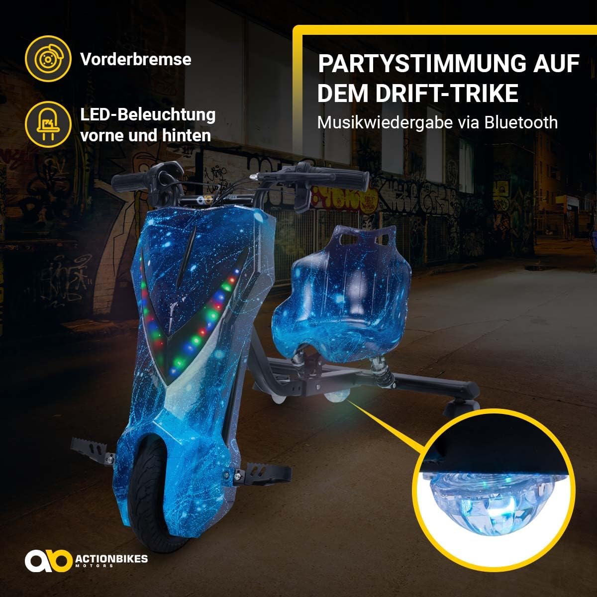 Actionbikes Motors Kinder Elektro Driftscooter | 𝟐𝟓𝟎 Watt Motor - Drift Cart 360°- 3 Geschwindigkeitsstufen - LED-Beleuchtung - Sitz verstellbar - Bluetooth - Drift Kart - Drift Auto (Space Purple)