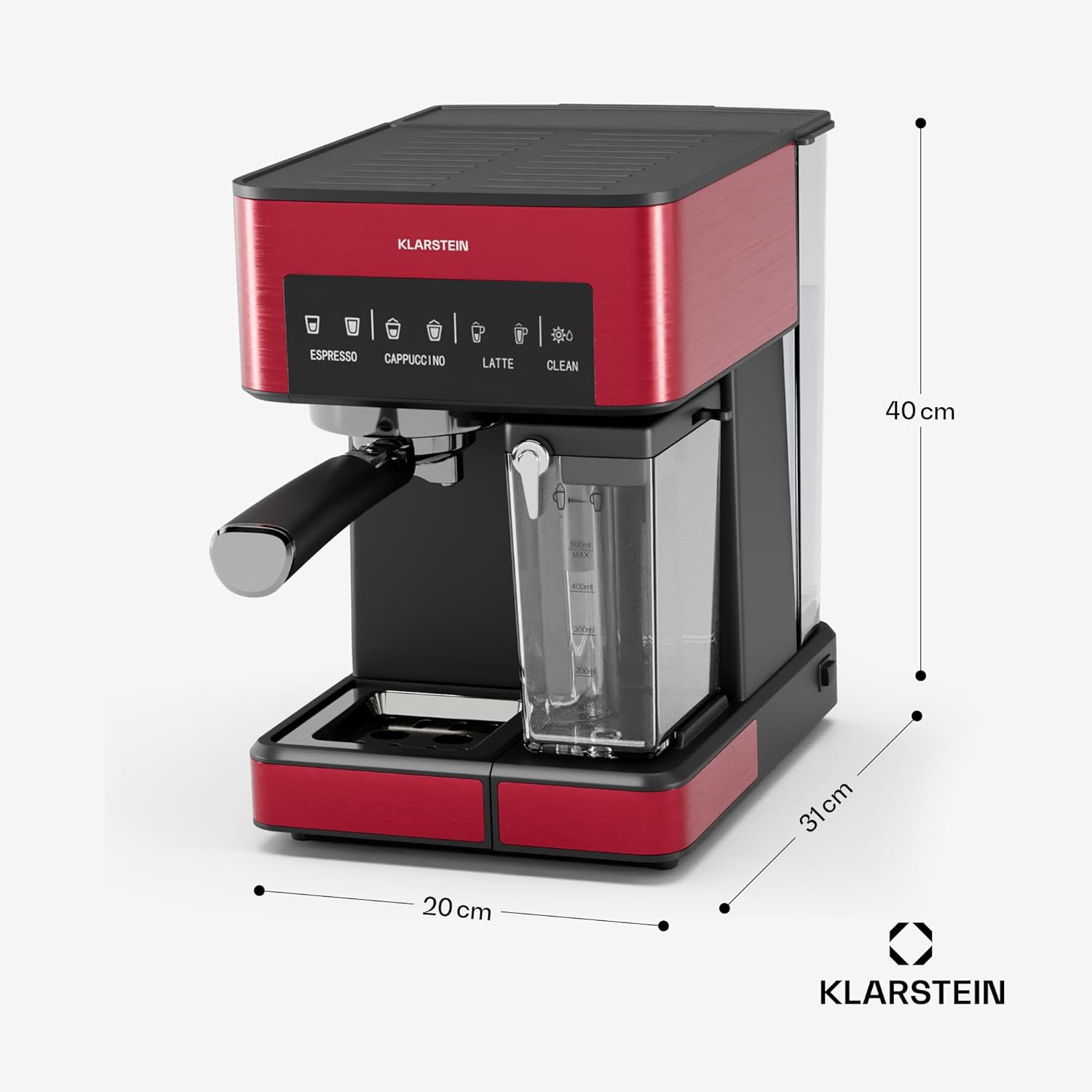 Klarstein Espresso Siebträgermaschine mit Milchaufschäumer, 1,8L Mini-Espressomaschine mit Siebträger, 20 Bar, Edelstahl, Klein, 0,5L Milchtank, 1350W Kaffeemaschine für Gemahlenen Kaffee