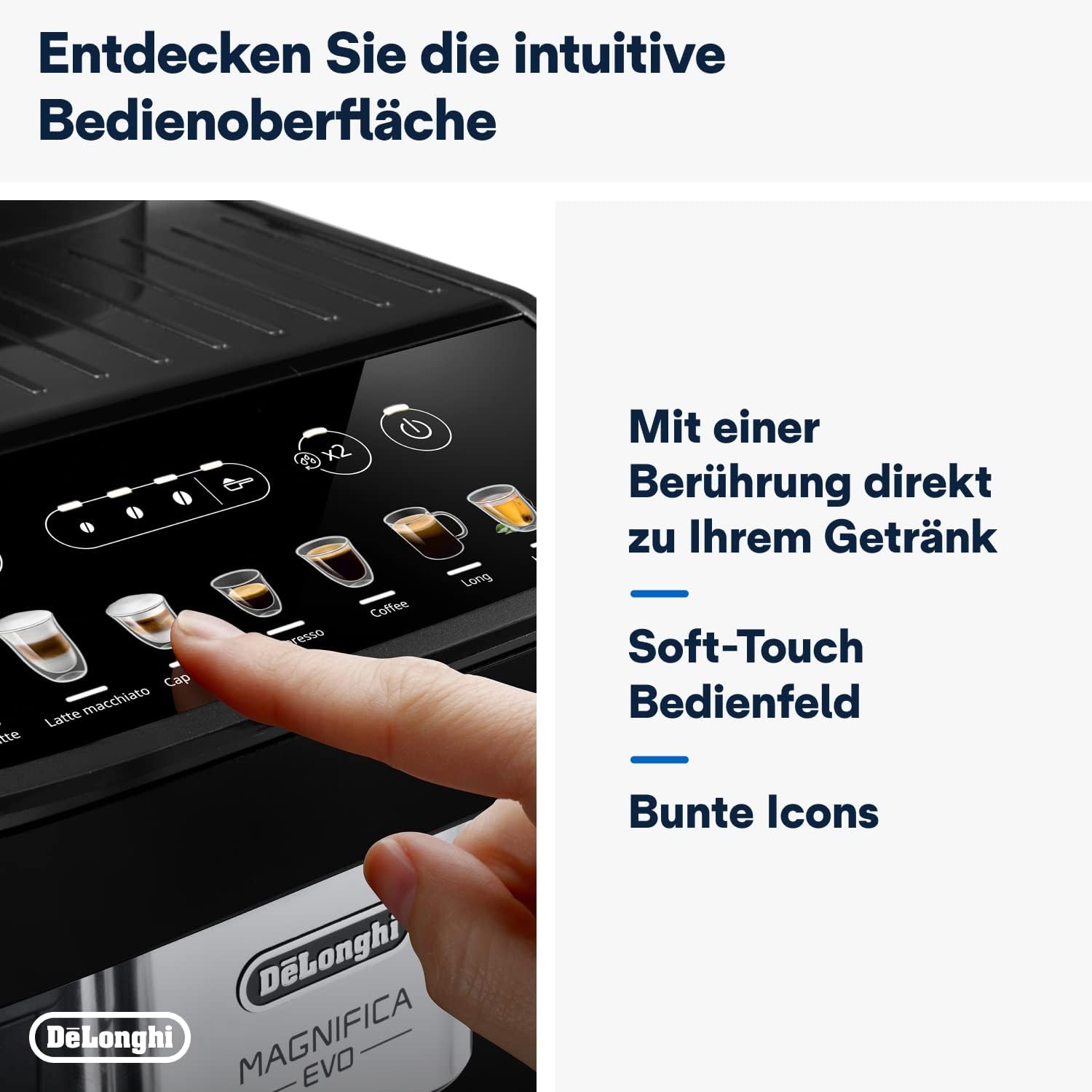 De'Longhi Magnifica Evo ECAM 292.81.B Kaffeevollautomat mit LatteCrema Milchsystem, 7 Direktwahltasten für Cappuccino, Espresso und weitere Kaffeespezialitten, 2-Tassen-Funktion, Schwarz