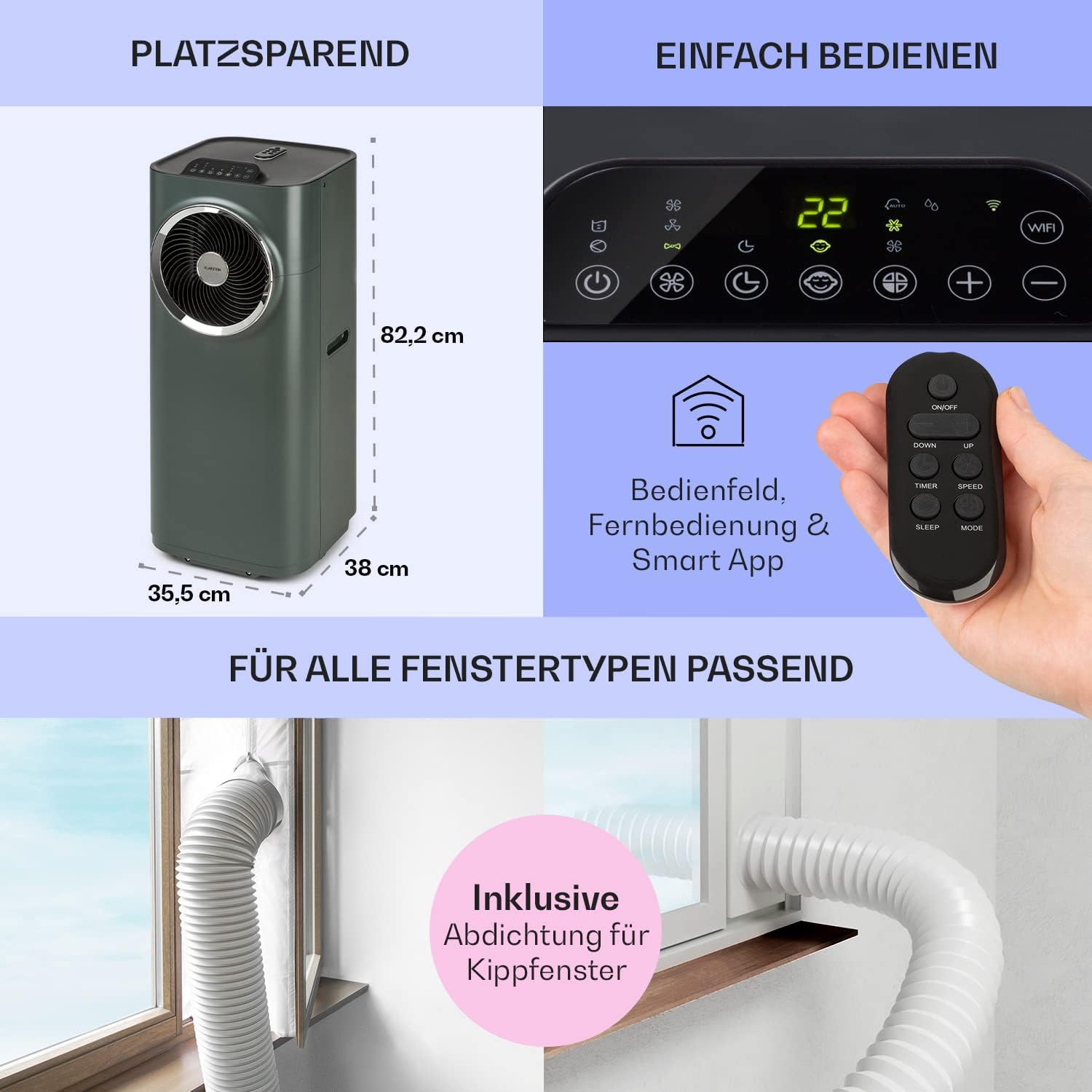 Klarstein Mobile Klimaanlage mit Abluftschlauch, 5-in-1 Klimagerät, Ventilator, Luftentfeuchter, Luftreiniger & Nachtmodus, App-Steuerung, Kleine & Portable für Wohnung & Büro, 12000 BTU