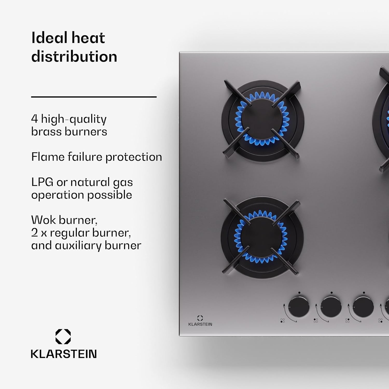 Klarstein Gasherd, Gaskochfeld 5 Flammen, Einbau-Gaskocher für Zuhause & Wohnmobil, Campingkocher mit Glasplatte, Gasherd für Propan- und Erdgas, Edelstahl Gas-Herdplatte Wok Brenner 10400 Watt