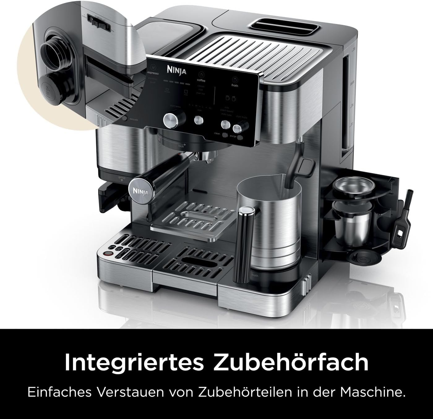 Ninja Luxe Essential 2-in-1-Kaffeemaschine mit Mahlwerk und Aufschäumer für Latte, Cappuccino & Espresso, einfache Handhabung, 2 Voreinstellungen zum Aufschäumen, Silber, ES501EU