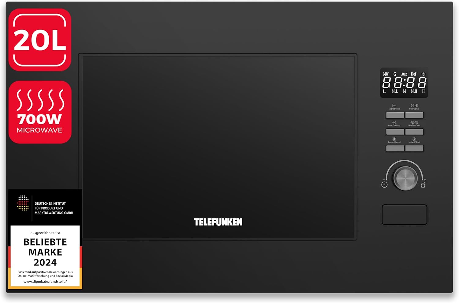 Telefunken Einbaumikrowelle mit Grill | Mikrowelle mit 20 L Garraum | Einbau Mikrowellengerät 60 cm | 8 Auto-Menüs | 700 W | 800 W Grill | 5 Leistungsstufen | mit Drehteller | schwarz | B-MWE-20-G-B