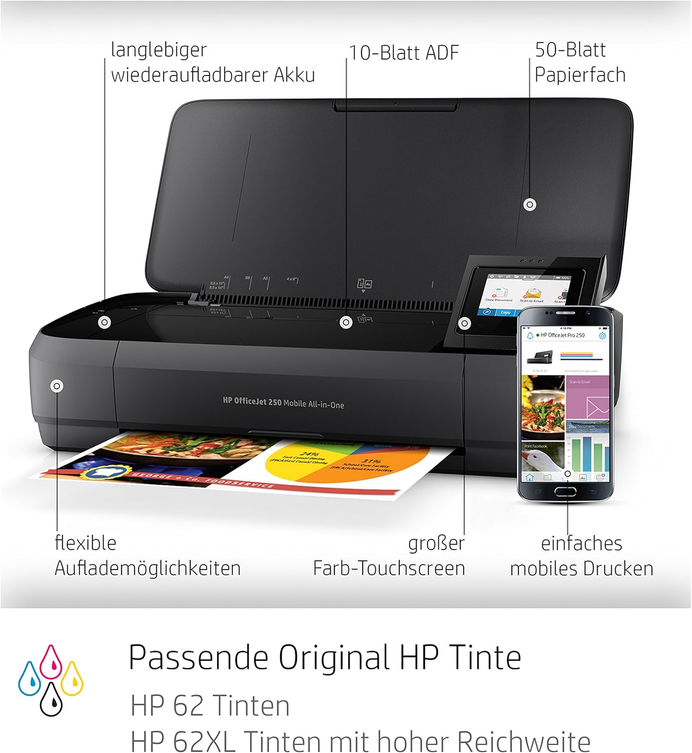 HP OfficeJet 200 Mobiler Tintenstrahldrucker (A4, Drucker, WLAN, HP ePrint, Airprint, USB, 4800 x 1200 dpi) schwarz