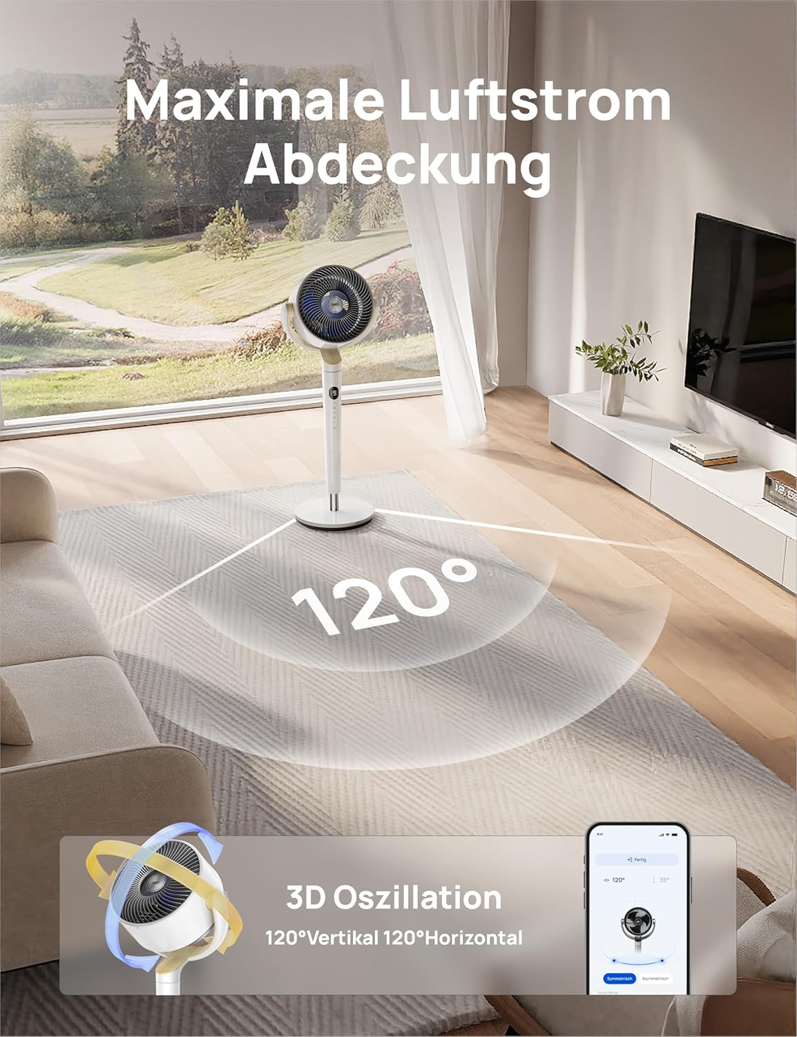Dreo Smart Standventilator mit RGB Light, 120° +120° Oszillierender Ventilator mit Fernbedienung, 20dB Leiser Bodenventilator für Schlafzimmer, 8H Timer, Silber