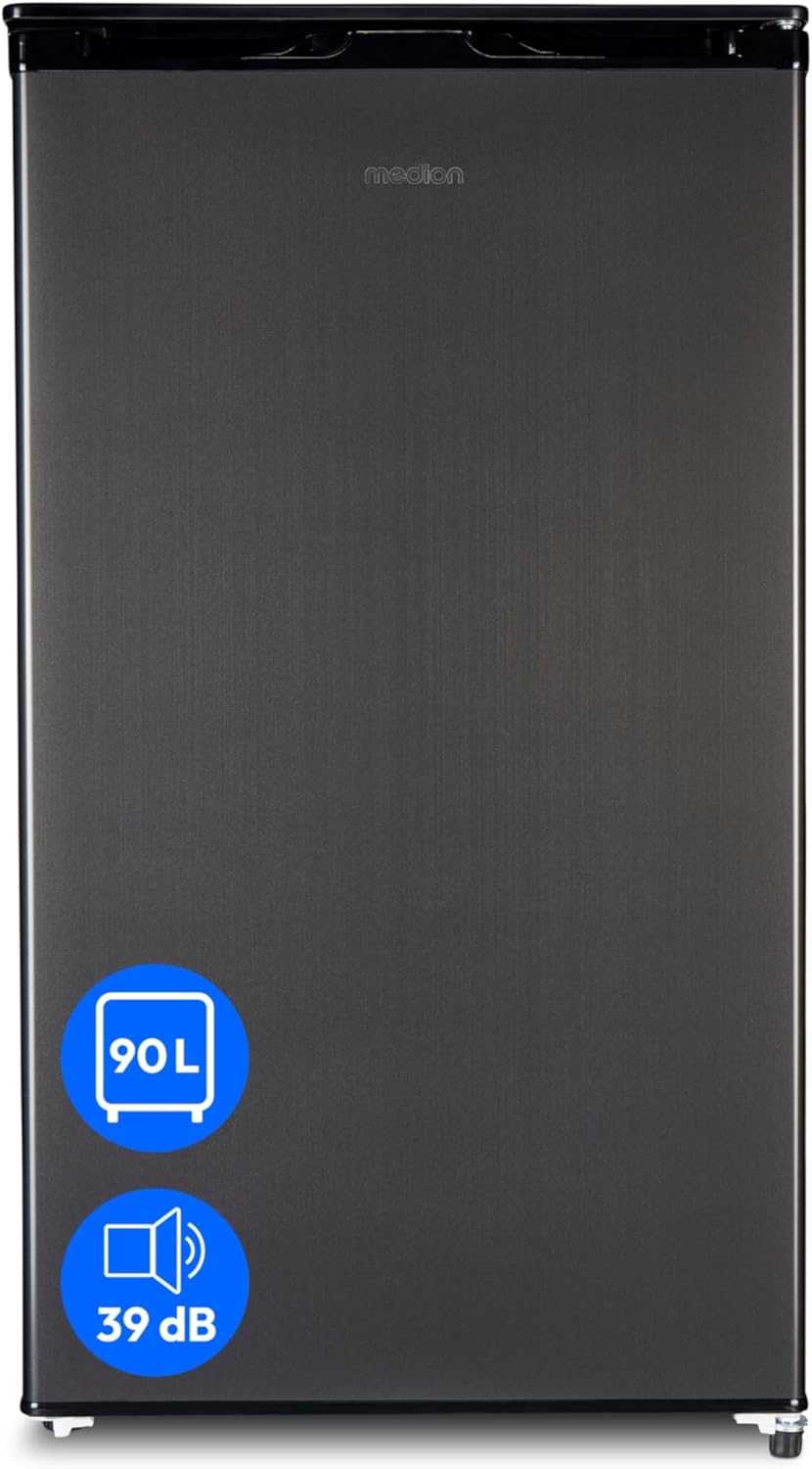 MEDION Kühlschrank mit Eiswürfelfach (90L Gesamt-Nutzinhalt 80L Kühlteil 10L Eiswürfelfach, transparente Gemüseschublade, freistehend, wechselbarer Türanschlag, höhenverstellbare Füße, MD37690) grau