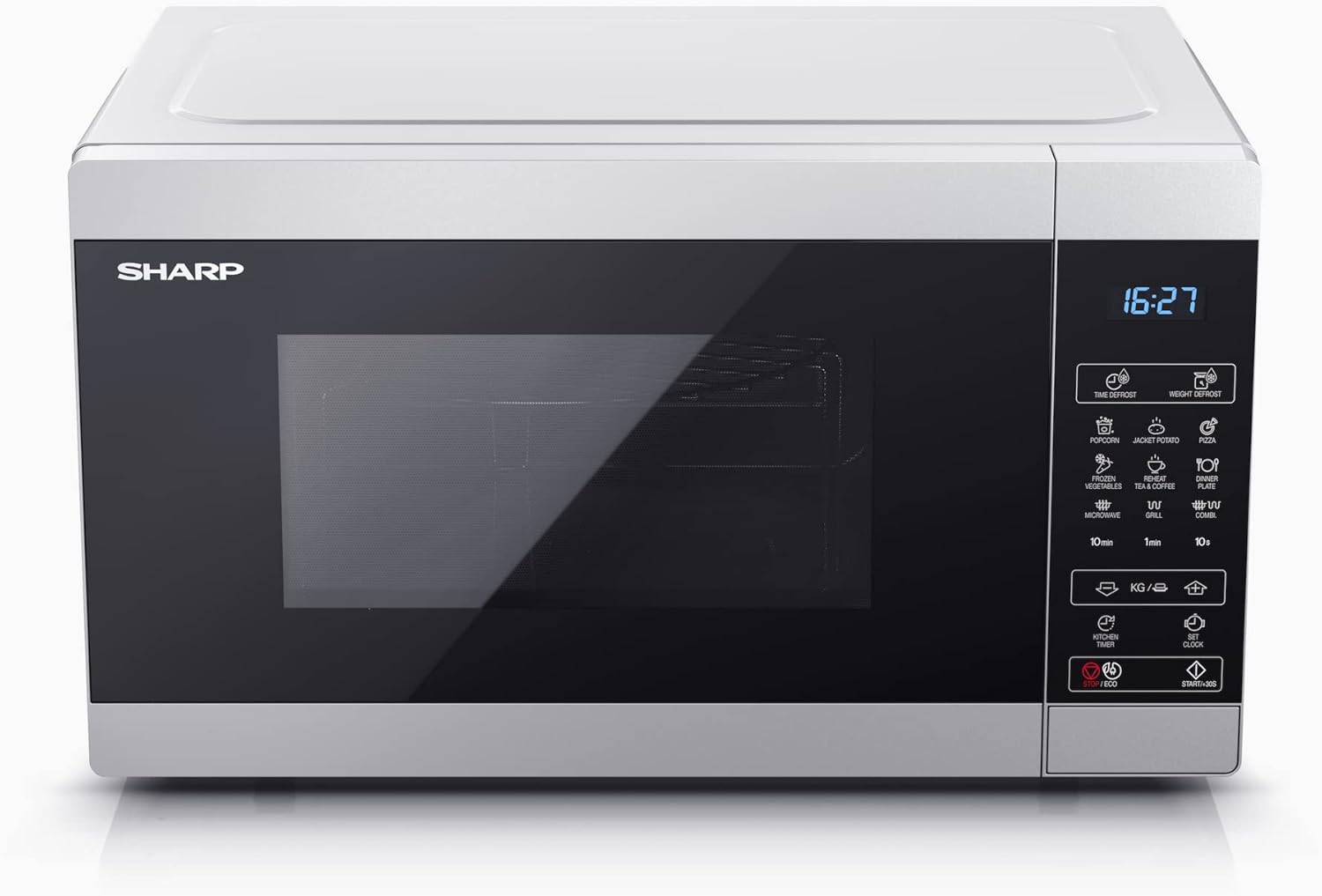 SHARP MG81ES Mikrowelle mit Grill (Mikrowelle: 900W, Grill: 1100W, 11 Leistungsstufen, Auftaufunktion, Abmessungen: 512x300x396cm, Emaille-Keramik-Garraum mit antibakteriellen Eigenschaften), silber