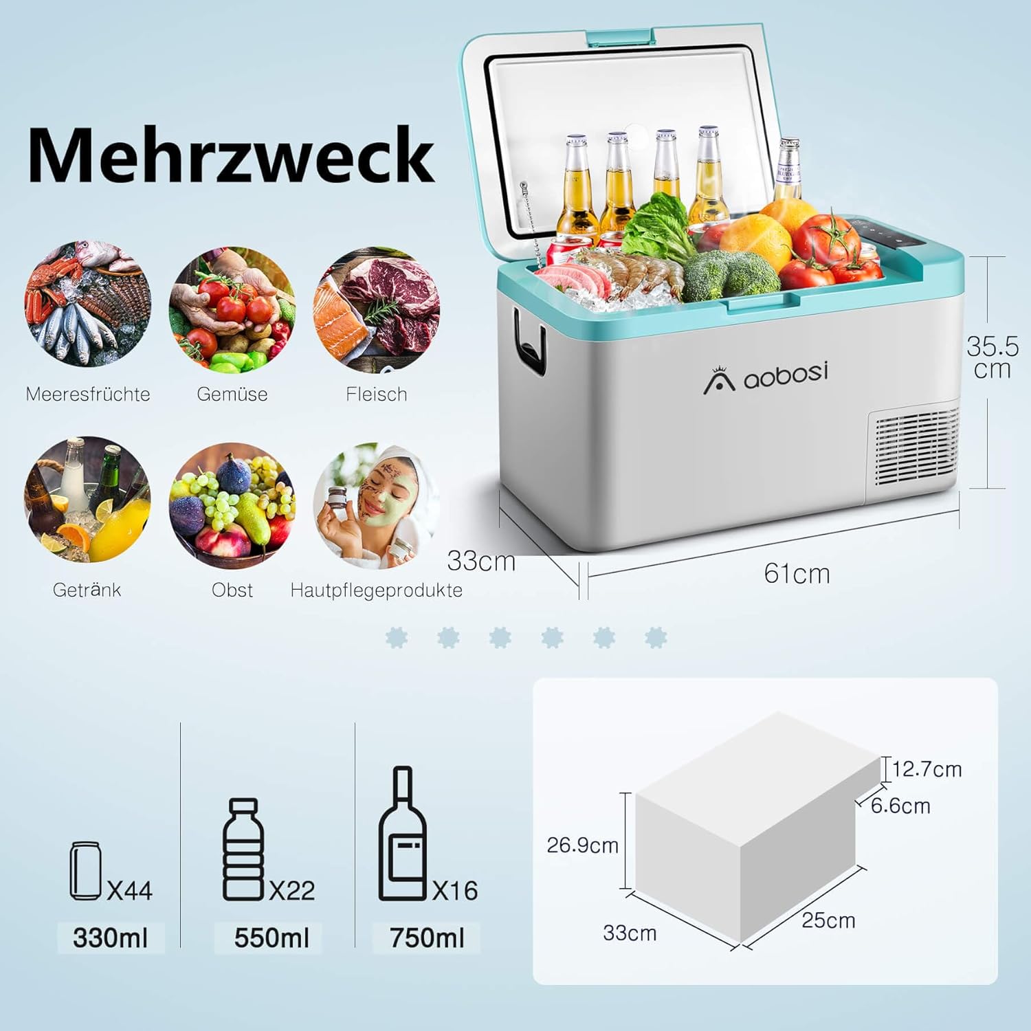 AAOBOSI Compressor Cool Box 36 L, Cool Box Car with WiFi App Control, 12/24 V and 100-240 V Electric Cool Box, up to -20 °C for Car, Truck, Boat, Motorhome, Camping, Double Zone