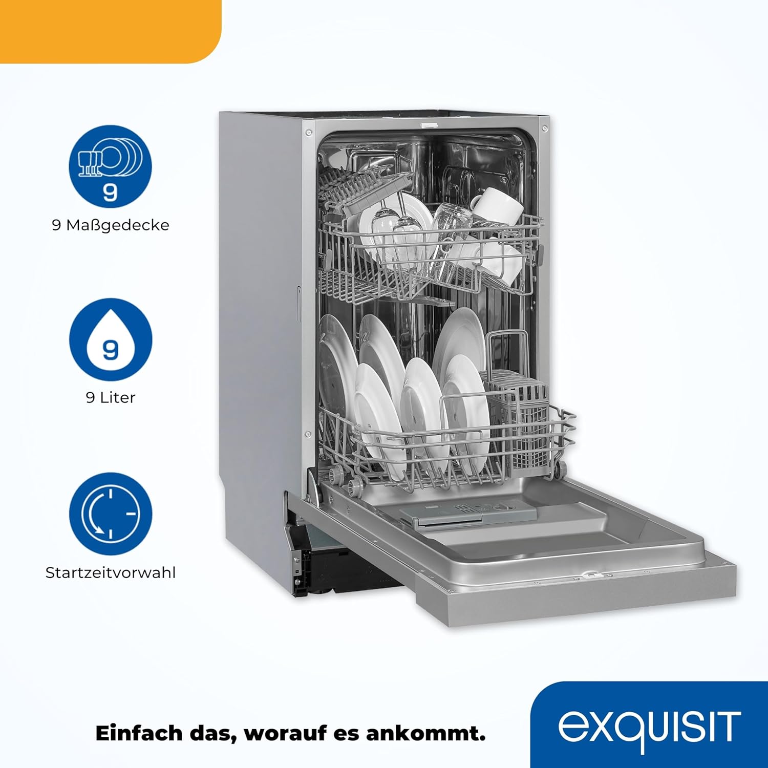 Exquisit Geschirrspüler, Spülmaschine, 45 cm Breite, Teilintegriert, 9 Maßgedecke, 9 Liter, Startzeitvorwahl, ECO-Modus, Geschirrspüler 45 cm, EGSP51009-EB-030E inox