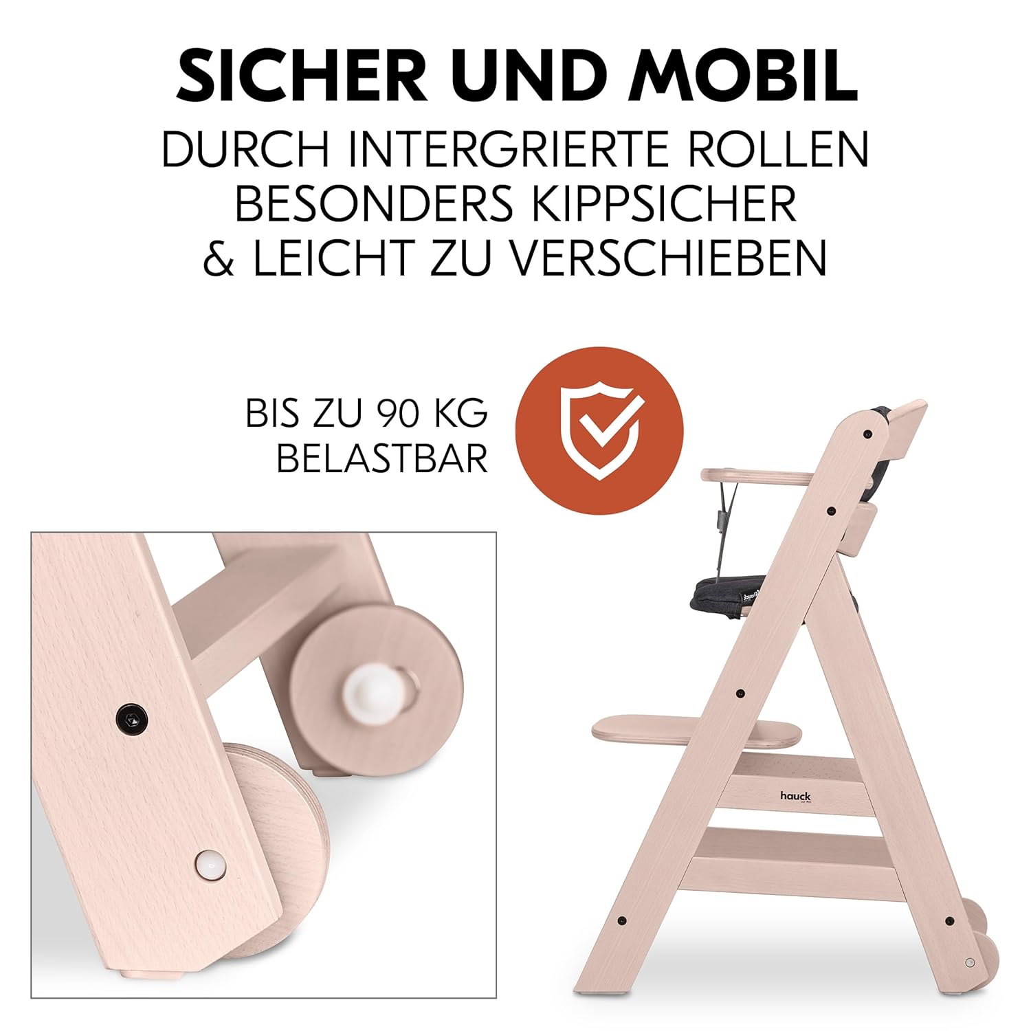 hauck Hochstuhl Beta+ Newborn Set Eco Bouncer - mitwachsender Holz Babyhochstuhl ab Geburt, inkl. Neugeborenenaufsatz, Sitzpolster und Essbrett - Dark Grey