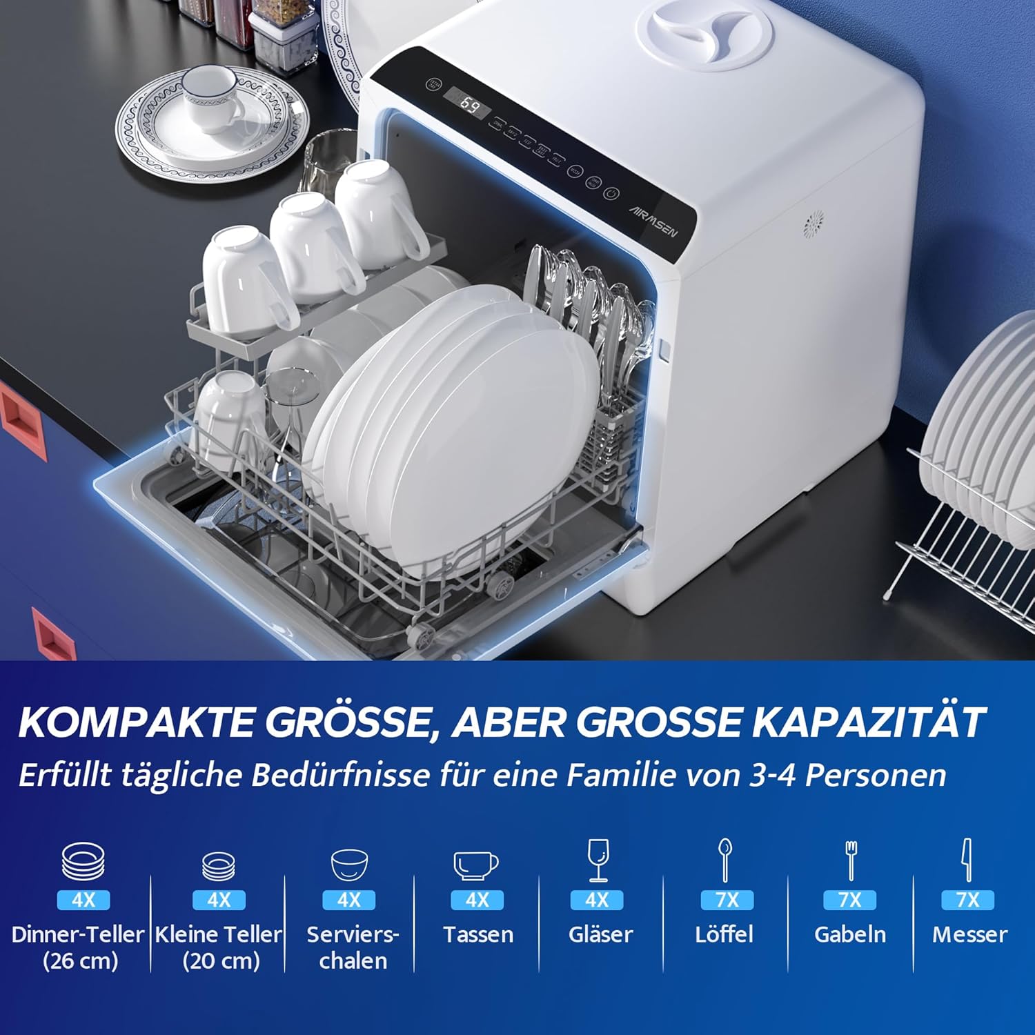 AIRMSEN Mini Geschirrspüler Tischgeschirrspüler mit 5+1 Programme 5L Wassertank, 2 Wege Wasserversorgung, Touch Control & LED-Display, Geeignet für Hausküchen, Wohnungen, Schlafsäle, Weiß & Schwarz