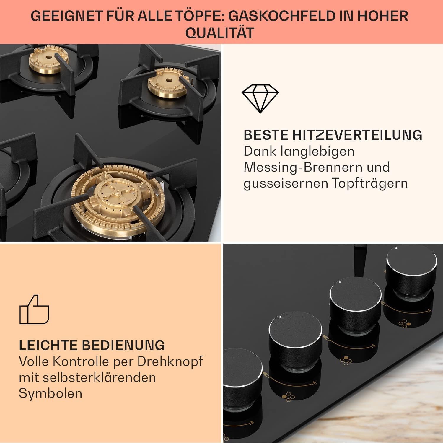 Klarstein Gasherd, Gaskochfeld 4 Flammig, Einbau-Gaskocher für Zuhause & Wohnmobil, Campingkocher mit Glasplatte, Gasherd für Propan- und Erdgas, Edelstahl Gas-Herdplatte Wok Brenner 8000 Watt