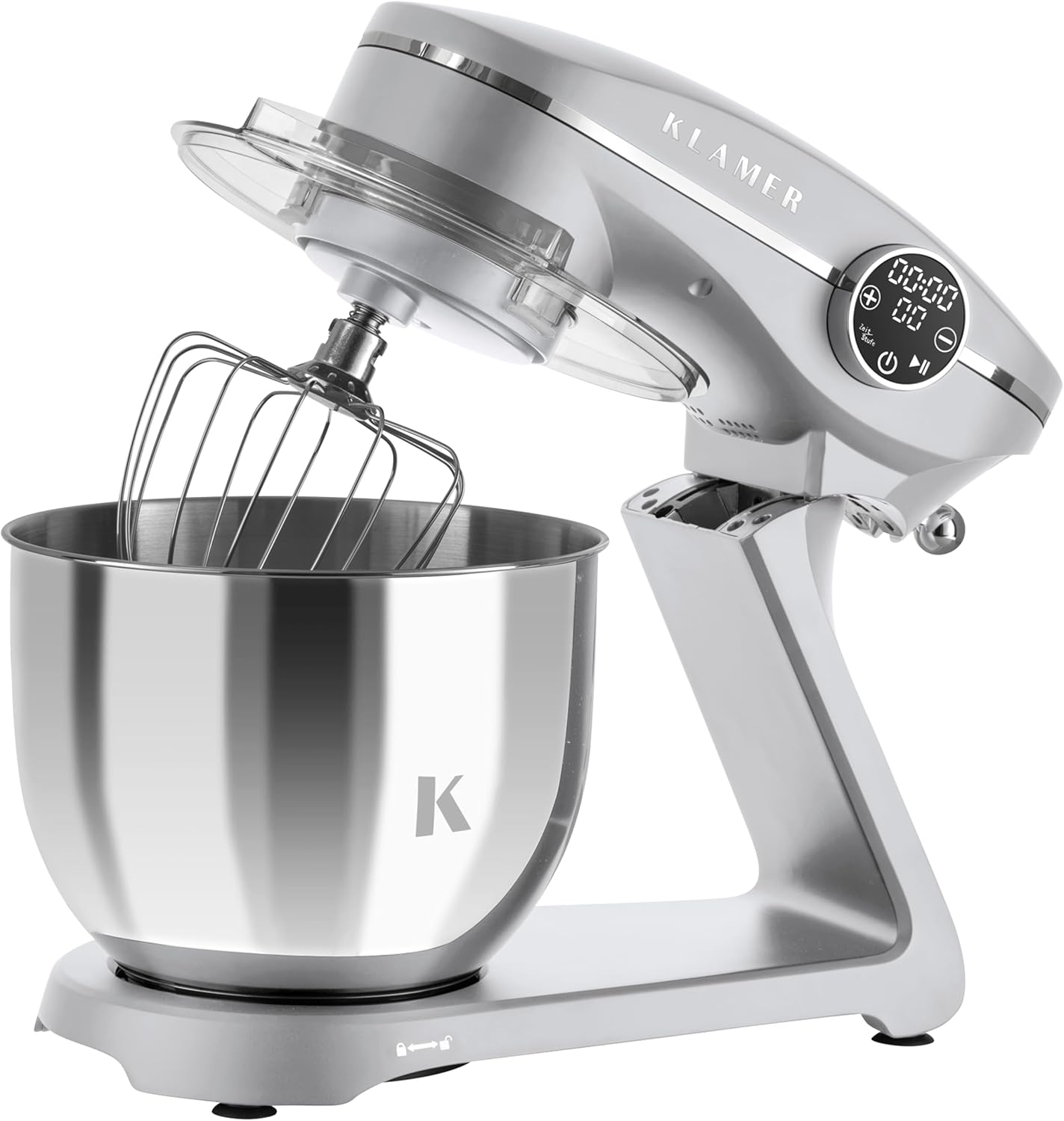 KLAMER Küchenmaschine 1800W, Knetmaschine mit 6 Liter Edelstahl Schüssel, 10 Geschwindigkeitsstufen mit Timer, Rührbesen, Knethaken, Schneebesen und Spritzschutz