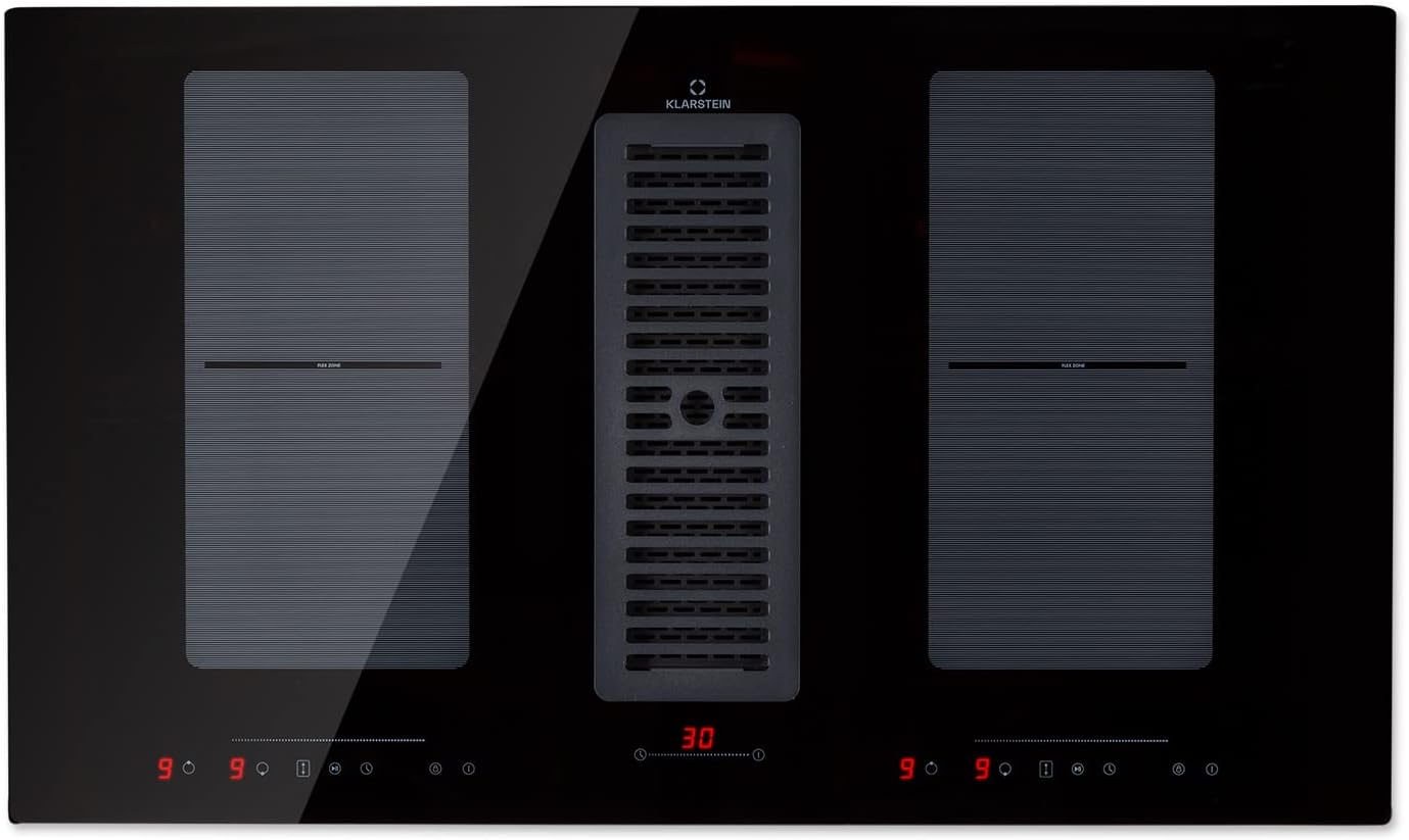 Klarstein 2-in-1 Induktionskochfeld mit Dunstabzug, Induktionskochfeld mit Abluft & Ventilator, 4-Zonen-Kochfeld, Glaskeramik-Einbauherd, Kochfeld mit Dunstabzug, Energieklasse A, 654m³/h Luftstrom