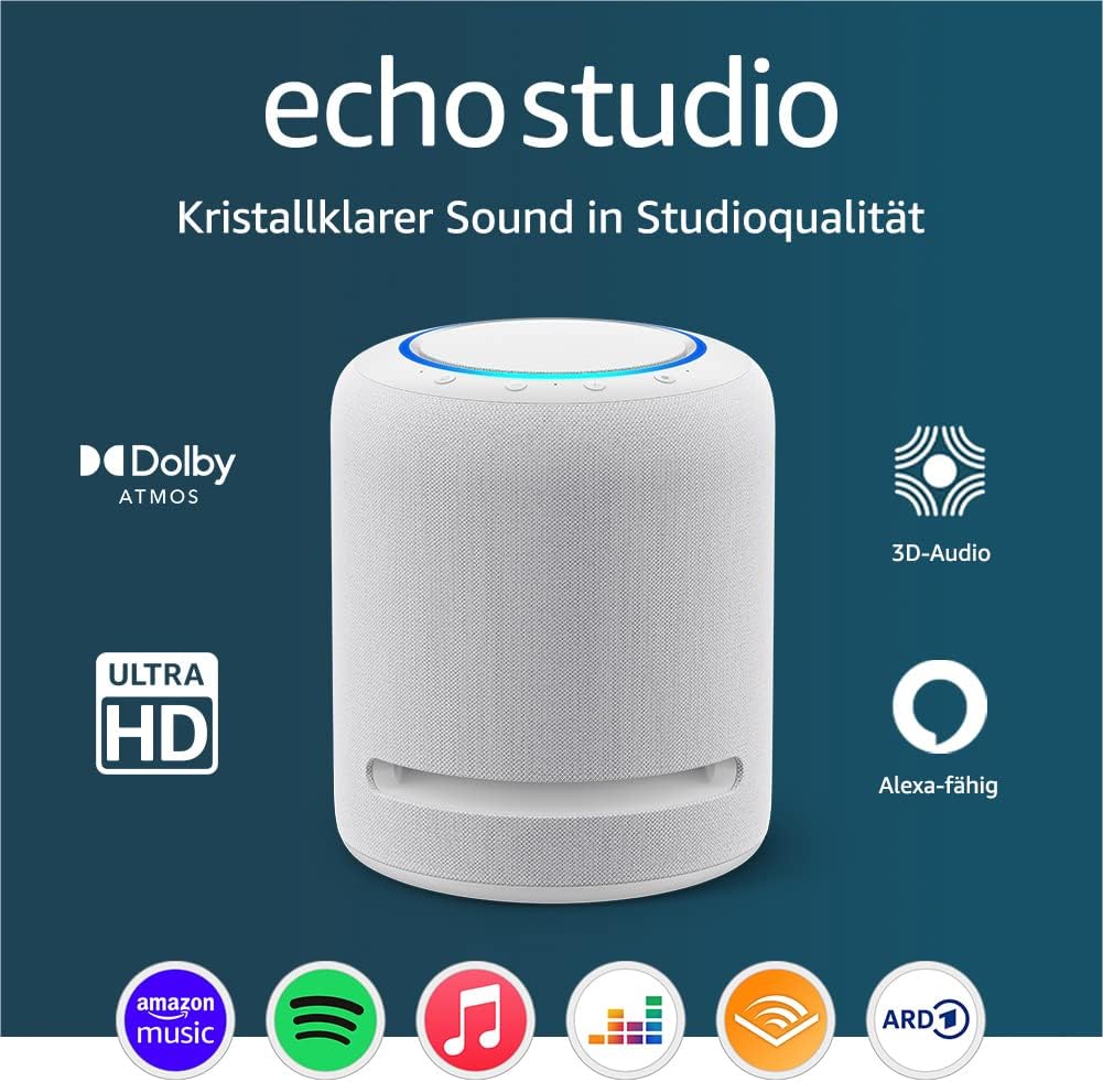 Echo Studio (Neueste Generation) | Der beste Klang, den unsere smarten WLAN- und Bluetooth-Lautsprecher je geboten haben – mit Dolby Atmos, 3D-Audio, Smart-Home-Hub und Alexa | Weiß