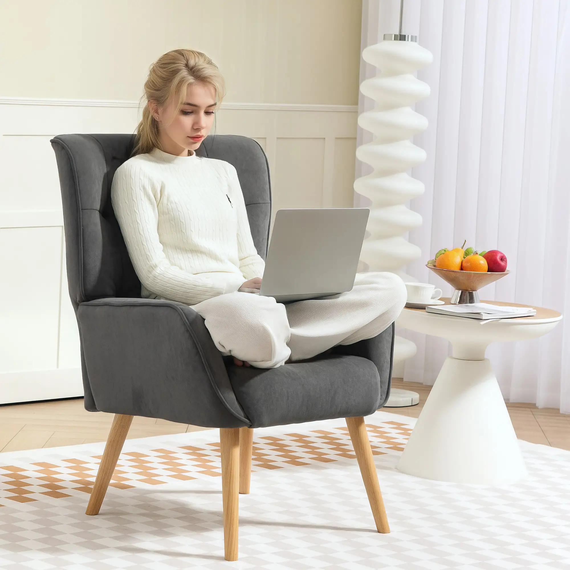 HOMCOM Polsterstuhl Loungesessel Komfort Steppung Holzbeine Samt Grau