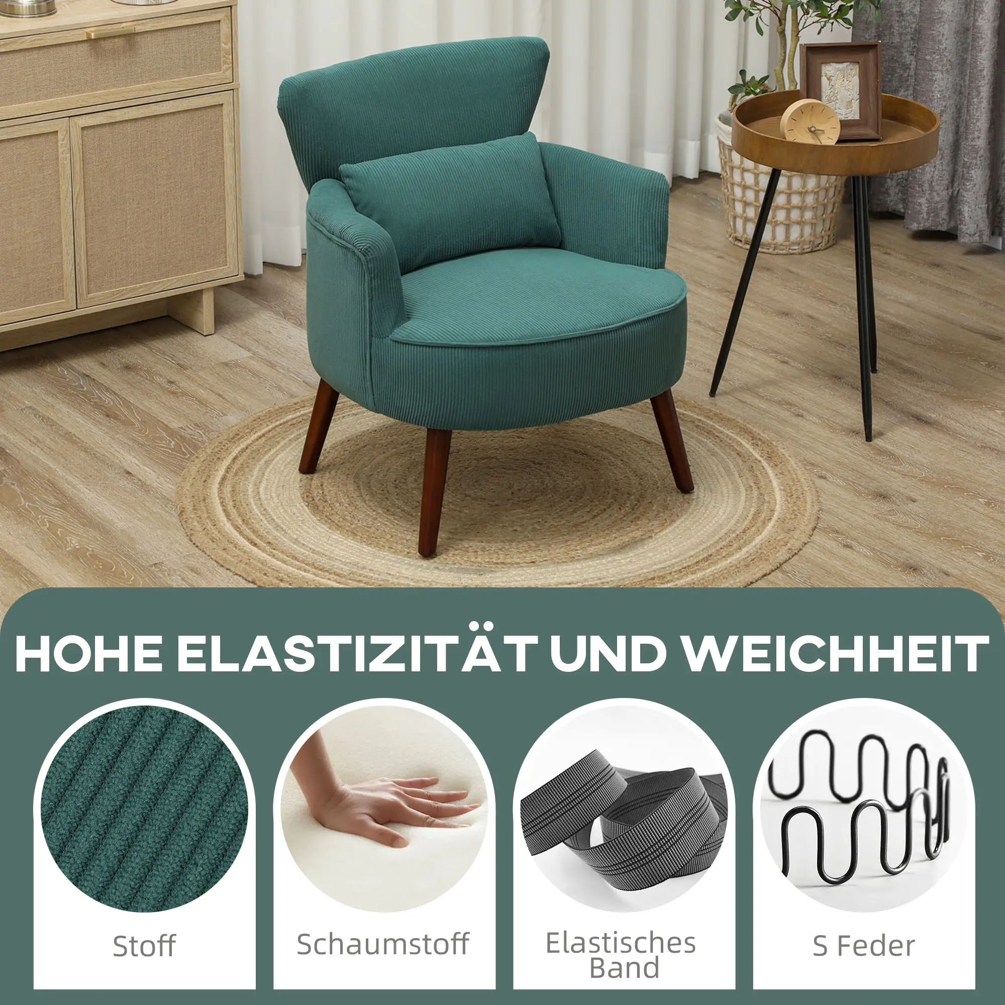 HOMCOM Polstersessel Wohnzimmer weich & federnd Flügelrücken Dunkelgrün