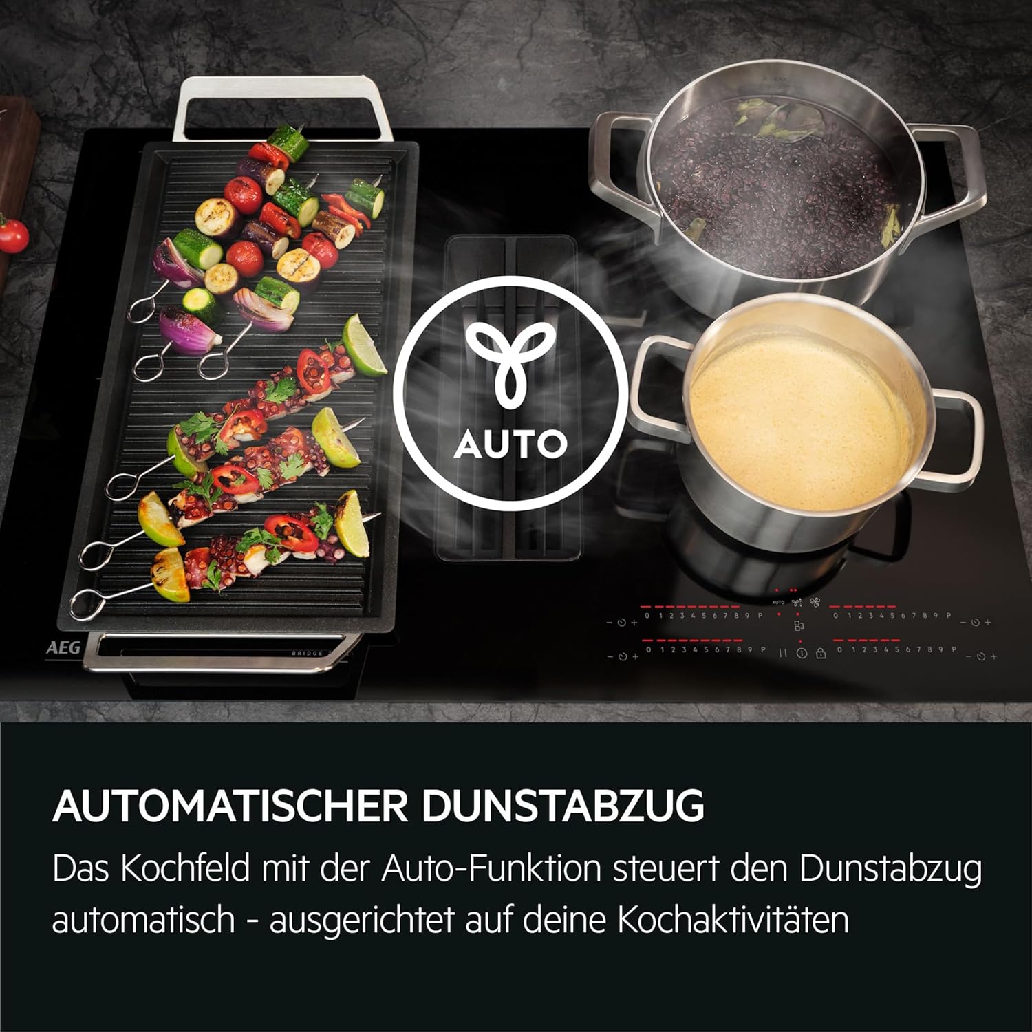 AEG IKE84441XB Autarkes Kochfeld / Herdplatte mit Touchscreen, Topferkennung & Hob²Hood-Funktion / Induktionskochplatte / 4 Kochzonen / Edelstahlrahmen / 80 cm Schwarz