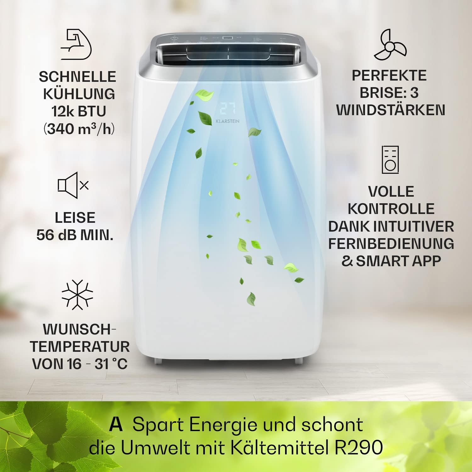 Klarstein Mobile Klimaanlage mit Abluftschlauch, 3-in-1 Klimagerät mit Ventilator, Luftentfeuchter & Nachtmodus, Kleine & Portable Klimaanlage für Wohnung & Büro, 12000 BTU Niedrig Verbrauch