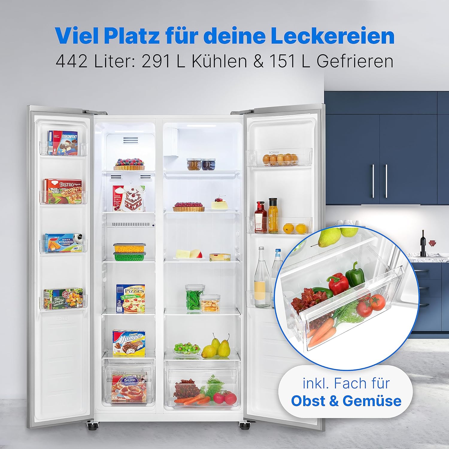 Bomann® Side by Side Kühl Gefrierkombination | No Frost | 442L Inhalt | Kühlschrank mit Gefrierfach | Kühlschrank mit MultiAirflow-Technologie | Verbrauch 287 kWh/Jahr | SBS 7344 inox