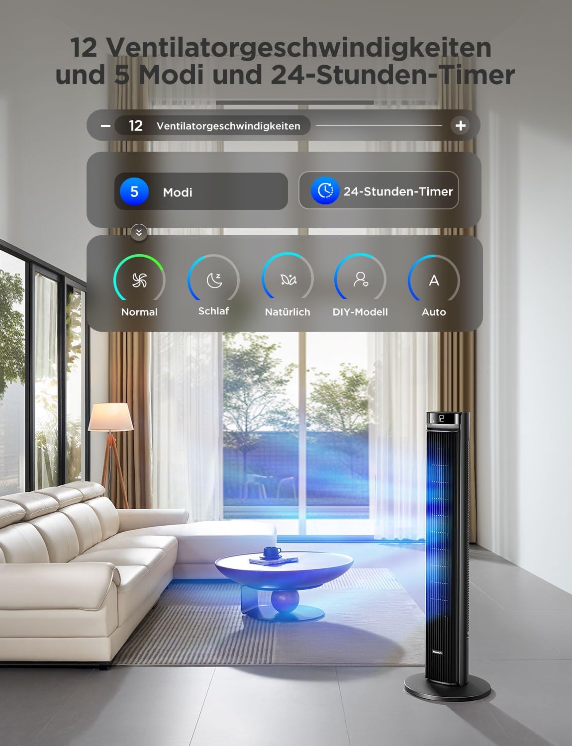 GoveeLife 27 dB leiser Ventilator, 12 Geschwindigkeiten bis zu 8 m/s, 5 Modi, 24-Stunden-Timer, intelligenter Turmventilator mit 150°-Oszillation, APP- und Sprachsteuerung für Zuhause, schwarz