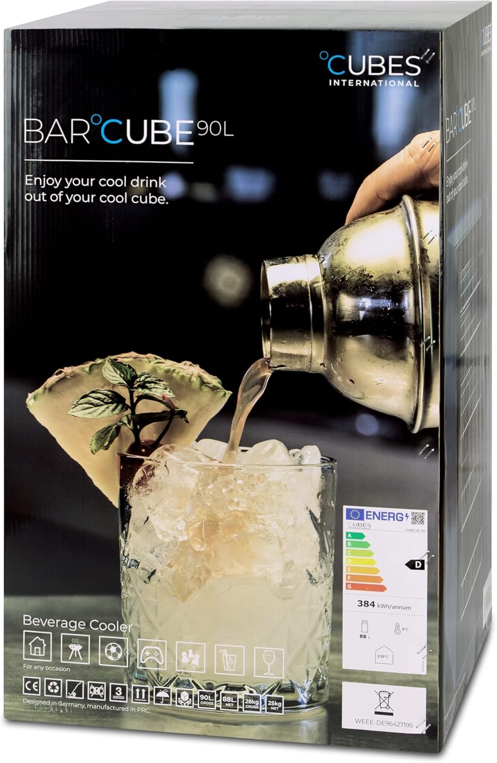°CUBES Getränkekühlschrank 90L mit Glastür & 4 variablen Ablagen | Kompakter Flaschenkühlschrank, perfekt für zu Hause, Büro, Partys & Gastro | Stilvoller Kühlschrank mit Glastür, schwarz