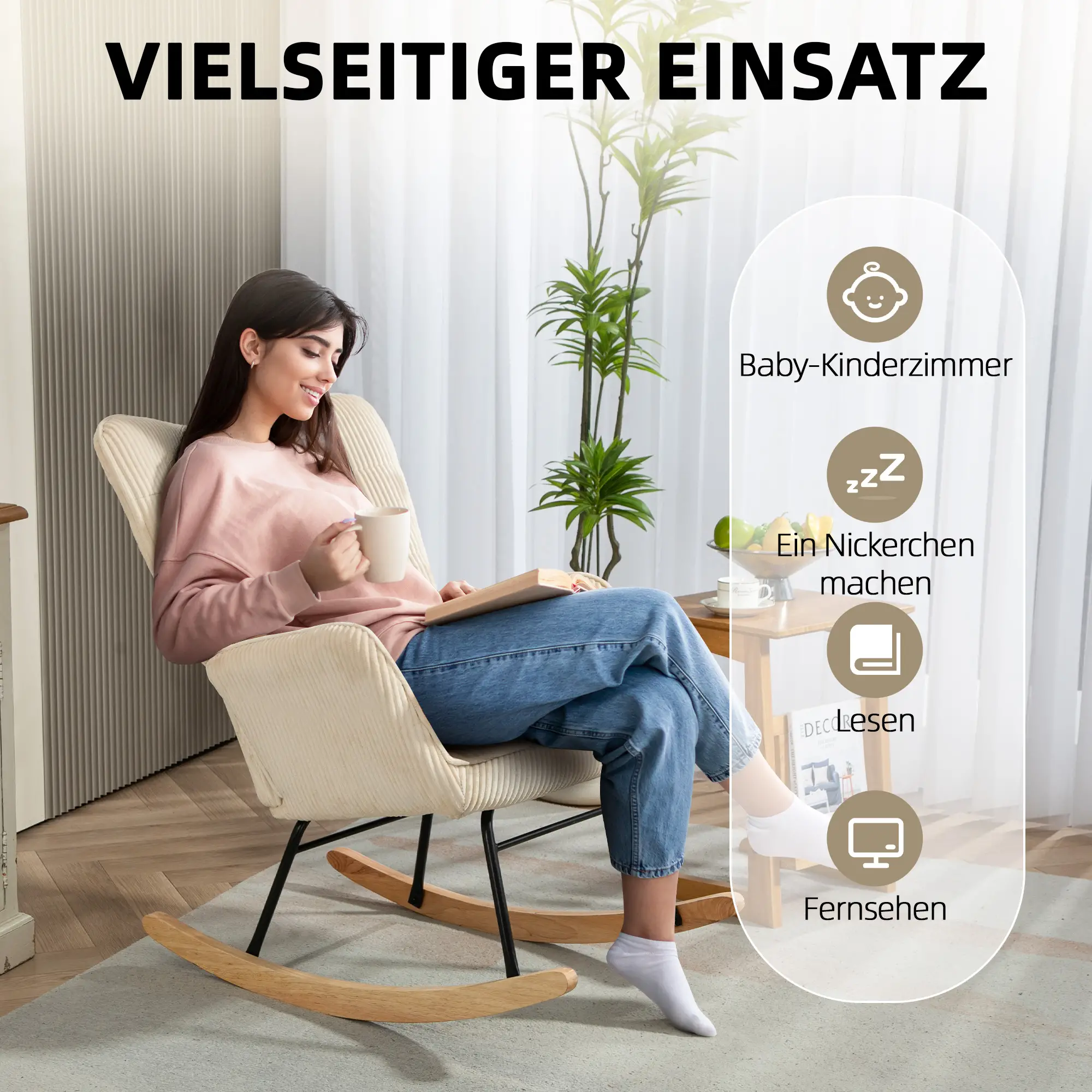 HOMCOM Schaukelstuhl mit Kordoptik & Holzkufen – Beige