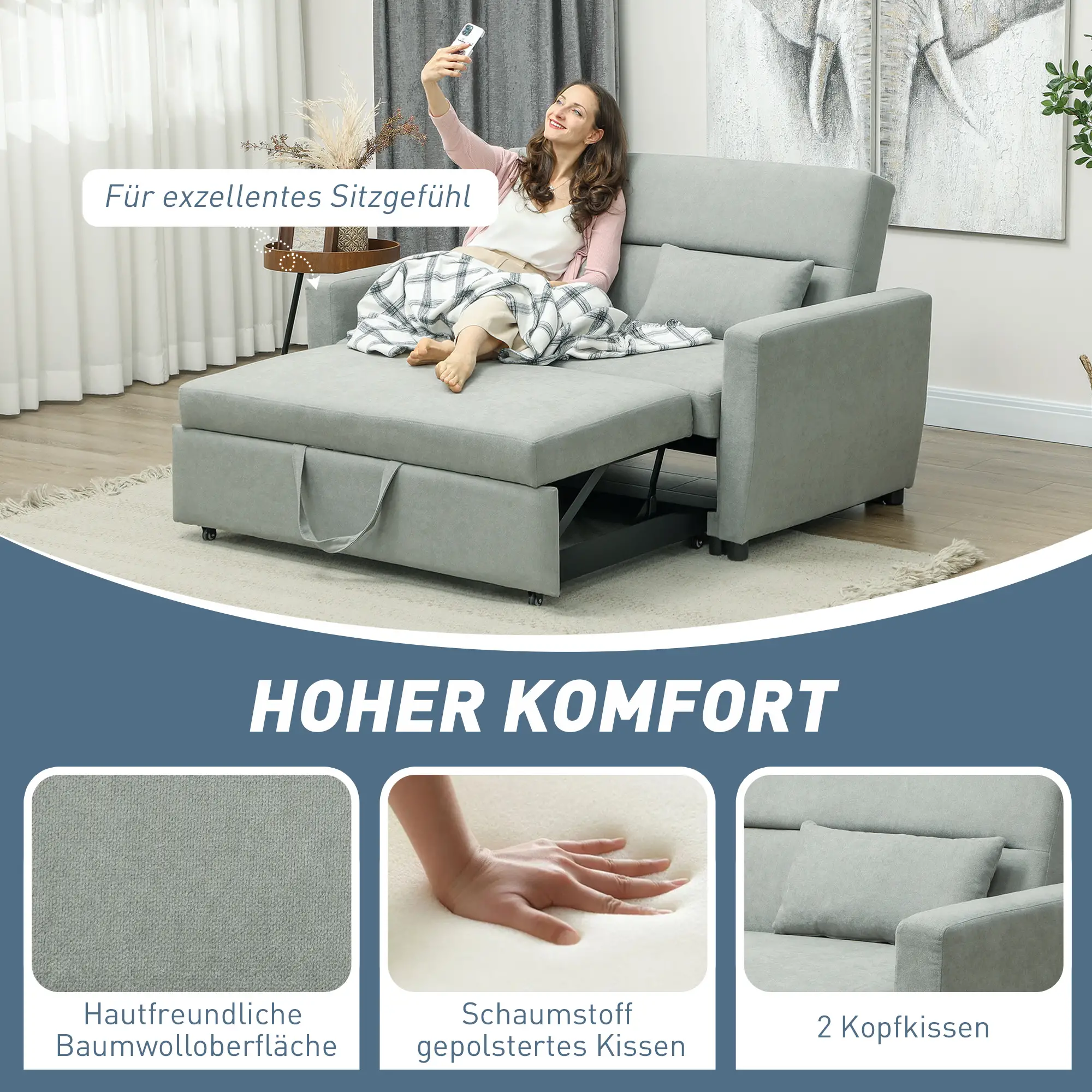HOMCOM Schlafsofa 2-Sitzer mit Schlaffunktion und Rollen Eukalyptusholz