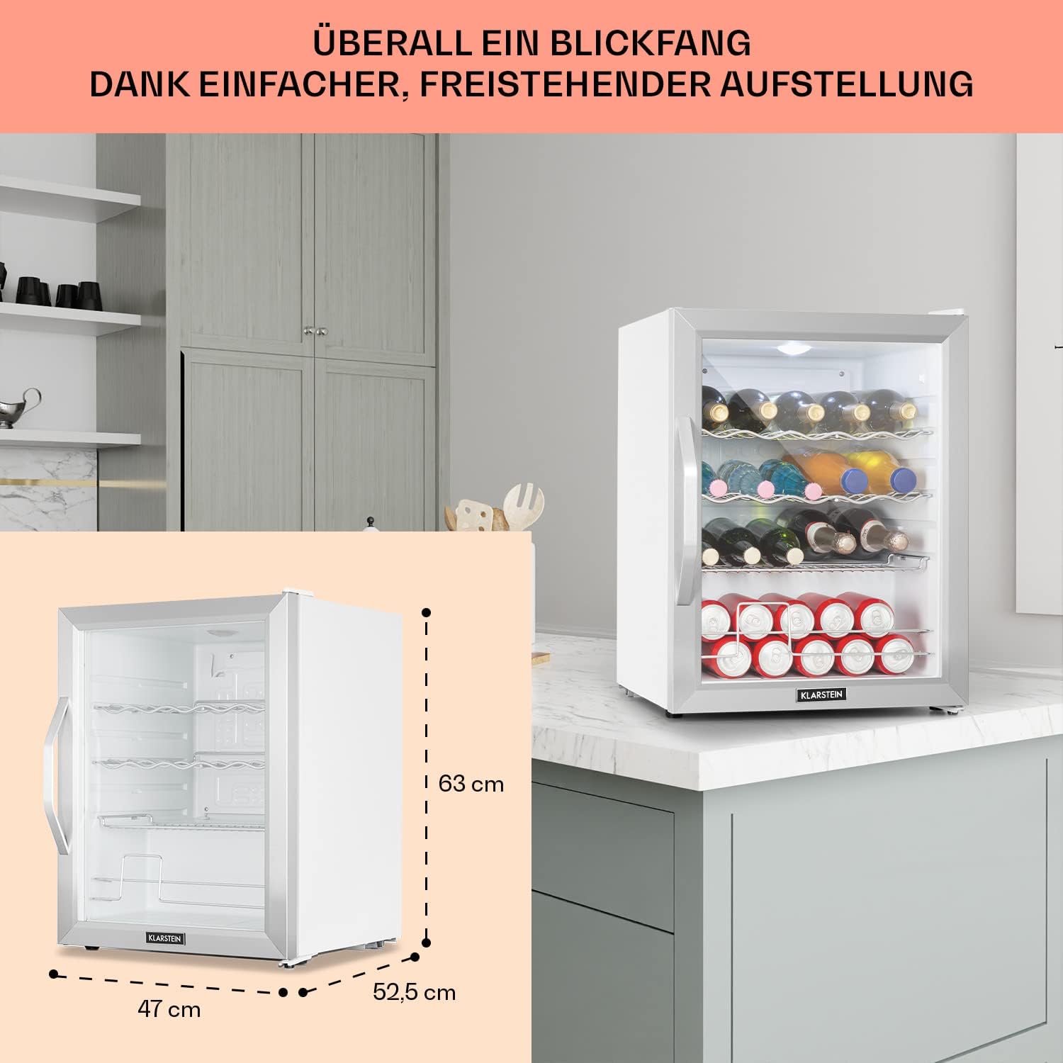 Klarstein Mini Kühlschrank mit Glastür für Zimmer, Getrnkekühlschrank mit Verstellbaren Ablagen, Kleiner 80 Liter, Indoor/Outdoor Kühlschrank Leise