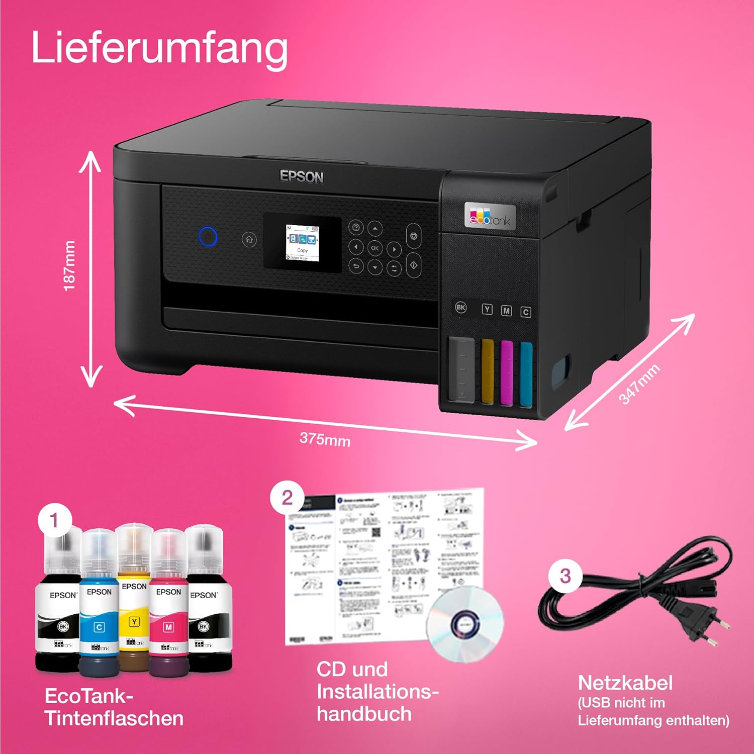 Epson EcoTank ET-2870 A4-Multifunktions-Wi-Fi-Tintentankdrucker, mit einem im Lieferumfang enthaltenen Vorrat an Tinten bis zu 3 Jahren
