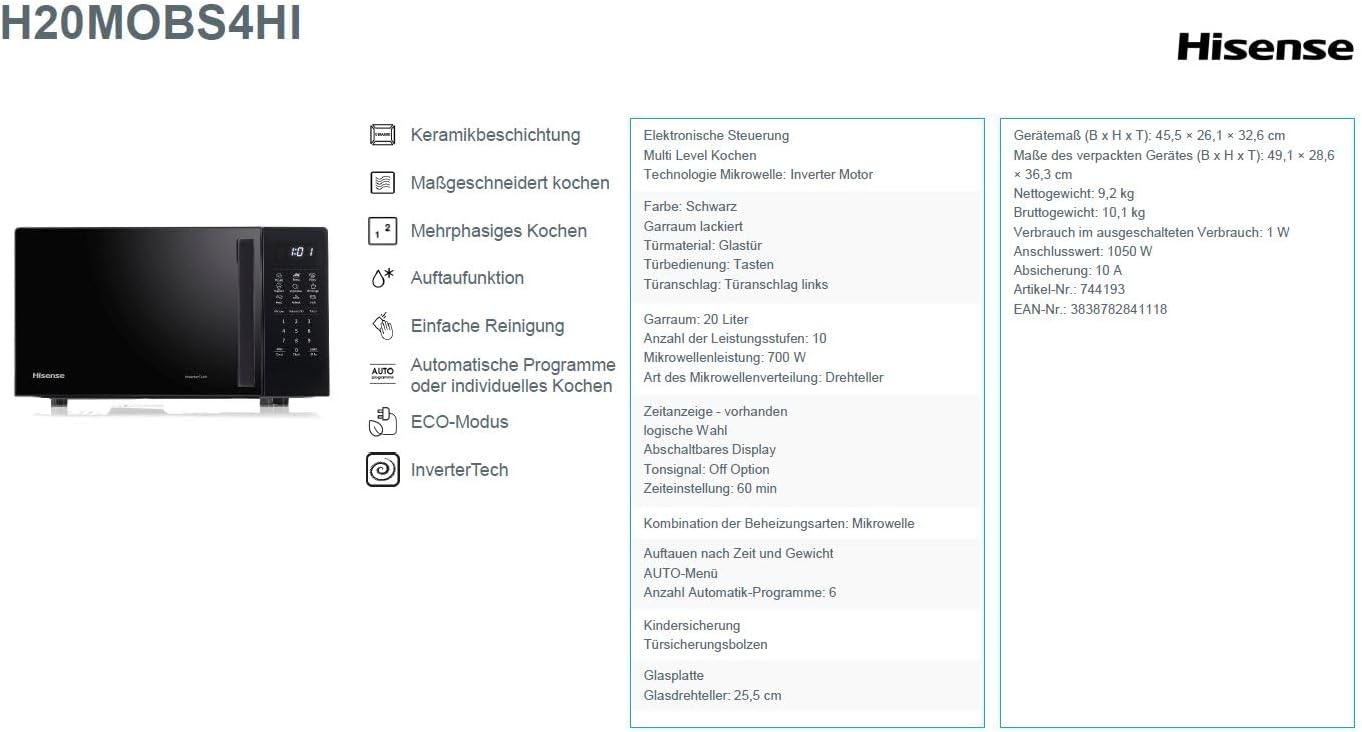 Hisense Elektronische Mikrowelle, Fassungsvermögen 23 l, Leistung 800 W, Grillleistung 1000 W, LED-Display mit Touch-Steuerung, Schwarz