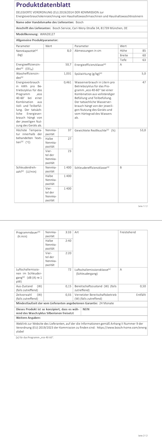 BOSCH WAN28127 Waschmaschine Serie 4, Frontlader mit 8kg Fassungsvermögen, 1400 UpM, Iron Assist, Active Water Plus, EcoSilence Drive, Speed Perfect, Weiß, 60cm