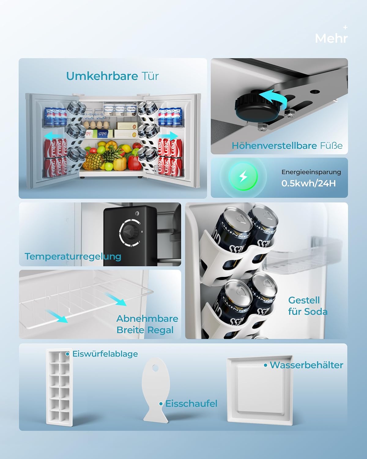 EUHOMY 46L Mini-Kühlschrank mit Umkehrbarer Tür, 7-Stufen Thermostat + Kühlbox, 39dB Ultra-Leise Kühlschrank klein für Schlafzimmer/Büro, Energieeffizient, Kompakt (Schwarz)