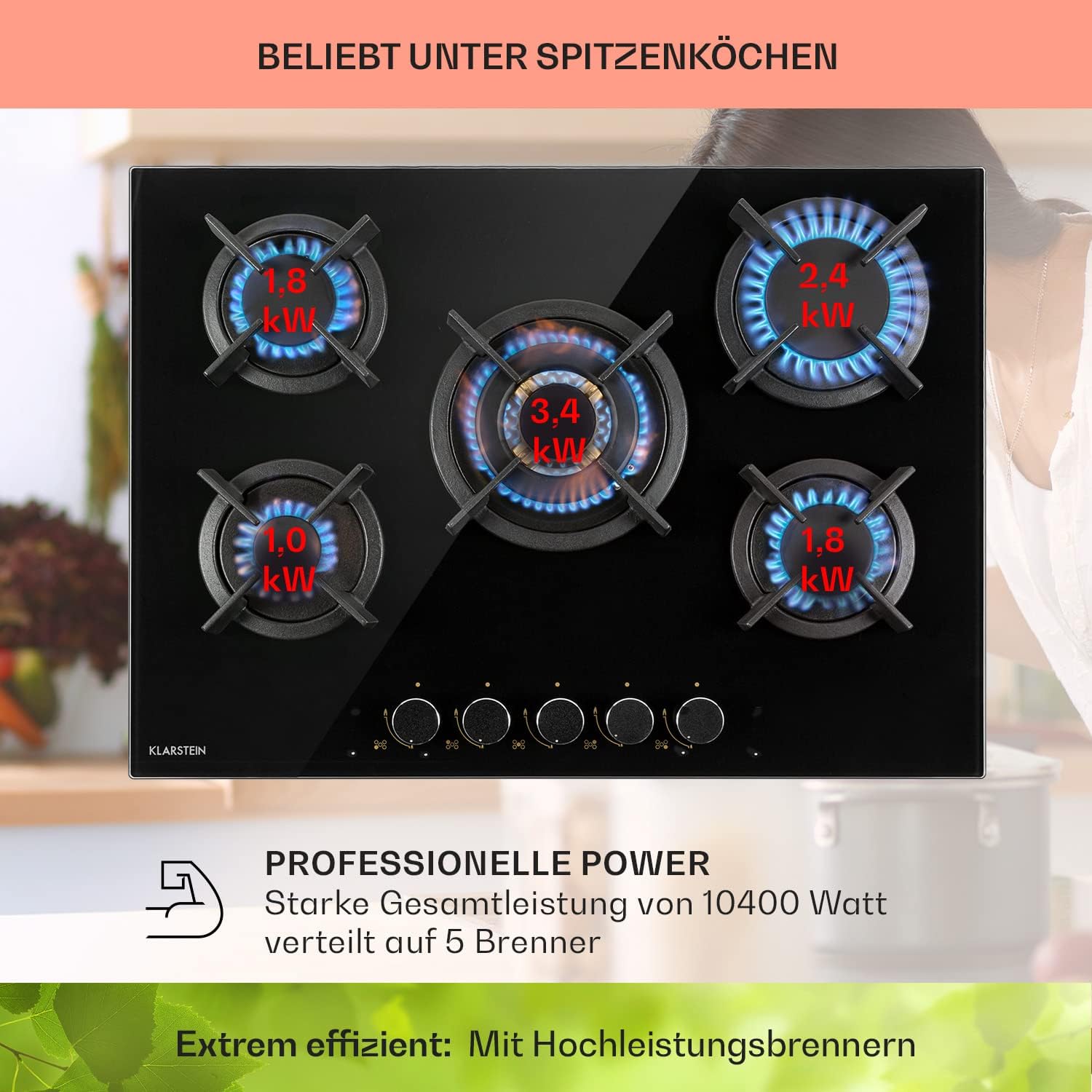 Klarstein Gasherd, Gaskochfeld 5 Flammen, Einbau-Gaskocher für Zuhause & Wohnmobil, Campingkocher mit Glasplatte, Gasherd für Propan- und Erdgas, Edelstahl Gas-Herdplatte Wok Brenner 10400 Watt