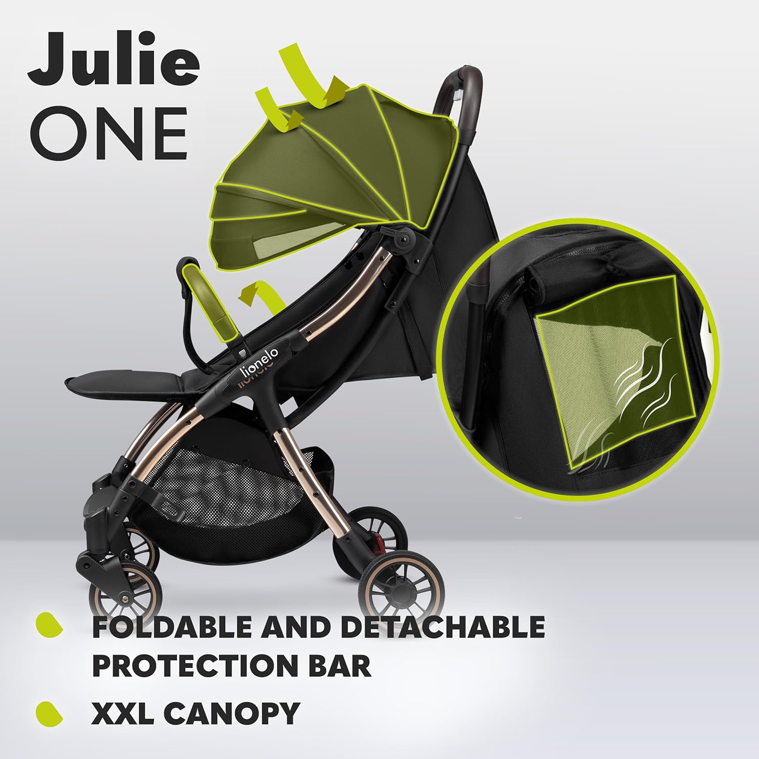 LIONELO Julie One Buggy Kinderwagen bis 22 kg, verstellbare Rückenlehne und Fußstütze, Moskitonetz, Beinwärmer, Getränkehalter und Transporttasche, zusammenklappbar