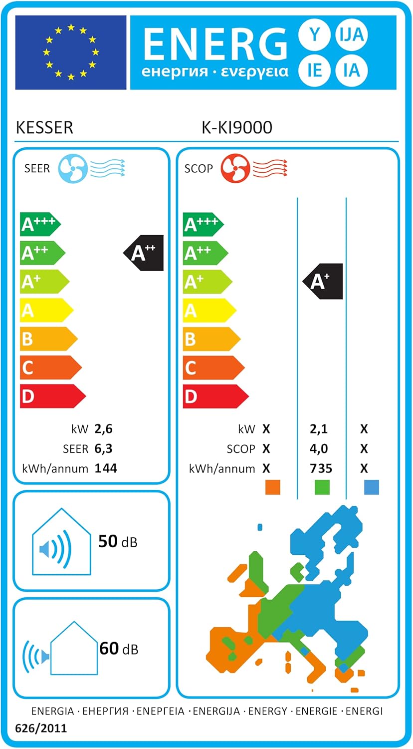 KESSER® Klimaanlage Set Split - mit WiFi/App Funktion Klimagerät - Kühlen A++/ Heizen A+ - 9000 BTU/h (2.600 Watt) Kältemittel R32 - Fernbedienung, Timerfunktion - Inkl. komplettem Montagematerial
