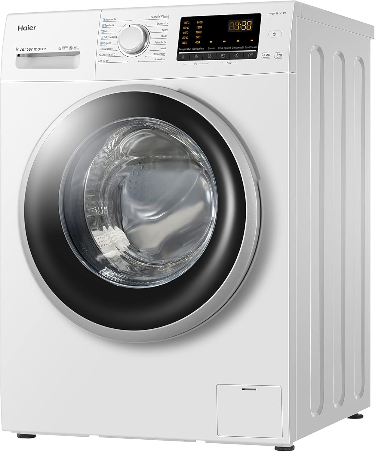 Haier HW80-BP1439N Waschmaschine / 8 kg / 1400 UpM / Inverter Motor / Dampf-Funktion / AquaProtect-Schlauch / ABT / Eco 40-60 Programm