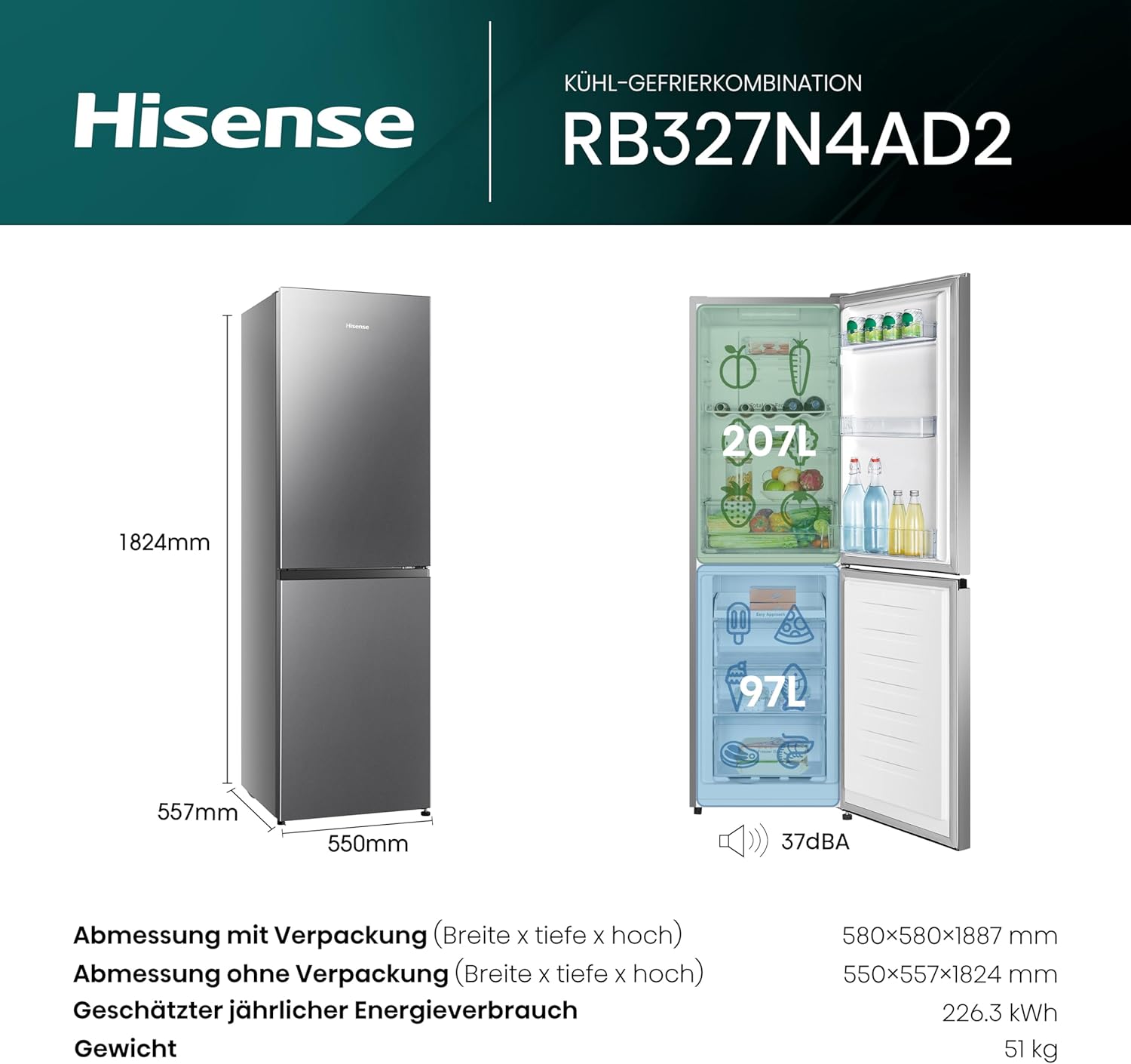 Hisense RB327N4ADD Fridge-Freezer Combination, EEK D, Total NoFrost, Interchangeable Door Hinge, Bottle Grid, 171 Litre Fridge Compartment, 85 Litre Freezer Compartment, Stainless Steel Look