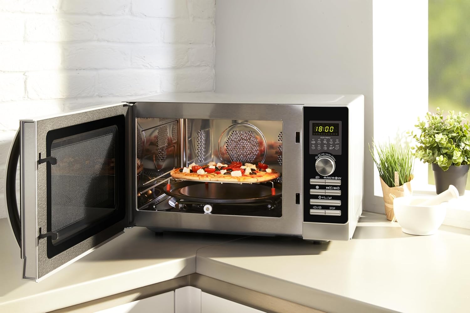 Sharp R843INW 4-in-1 Mikrowelle mit Heiluft, Grill und Konvektion/ 25 L/ 800 W/ 1000 W Infrarotgrill/ 2500 Konvection/ 10 Automatikprogramme/ Pizza-Programm/ Metalldrehteller (30 cm)/ silber